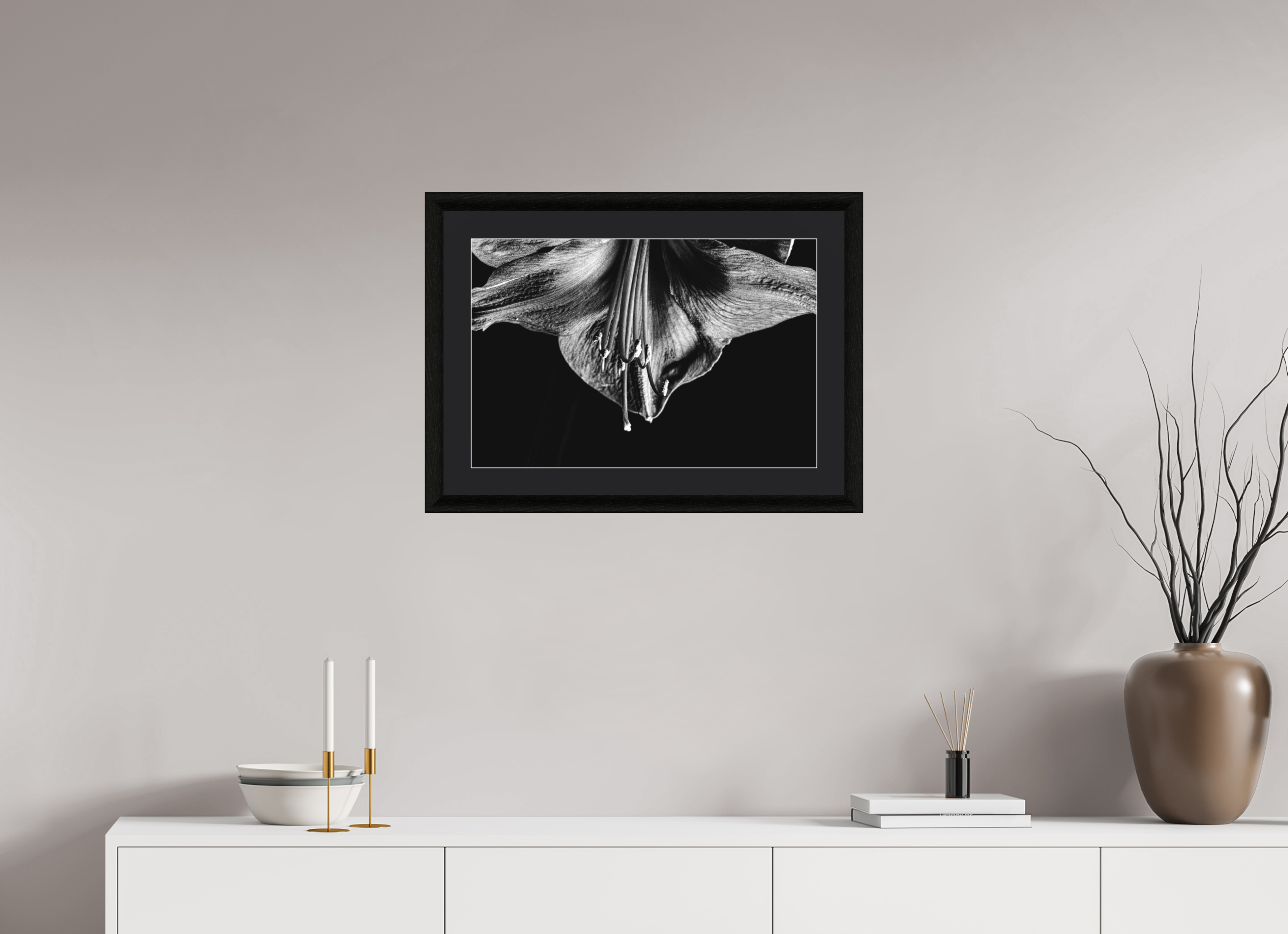 60 x 40 cm, Foto im schwarzen Ebenholz Rahmen 30mm, Museumsglas, Passepartout Schwarz Amaryllis Half Moon
