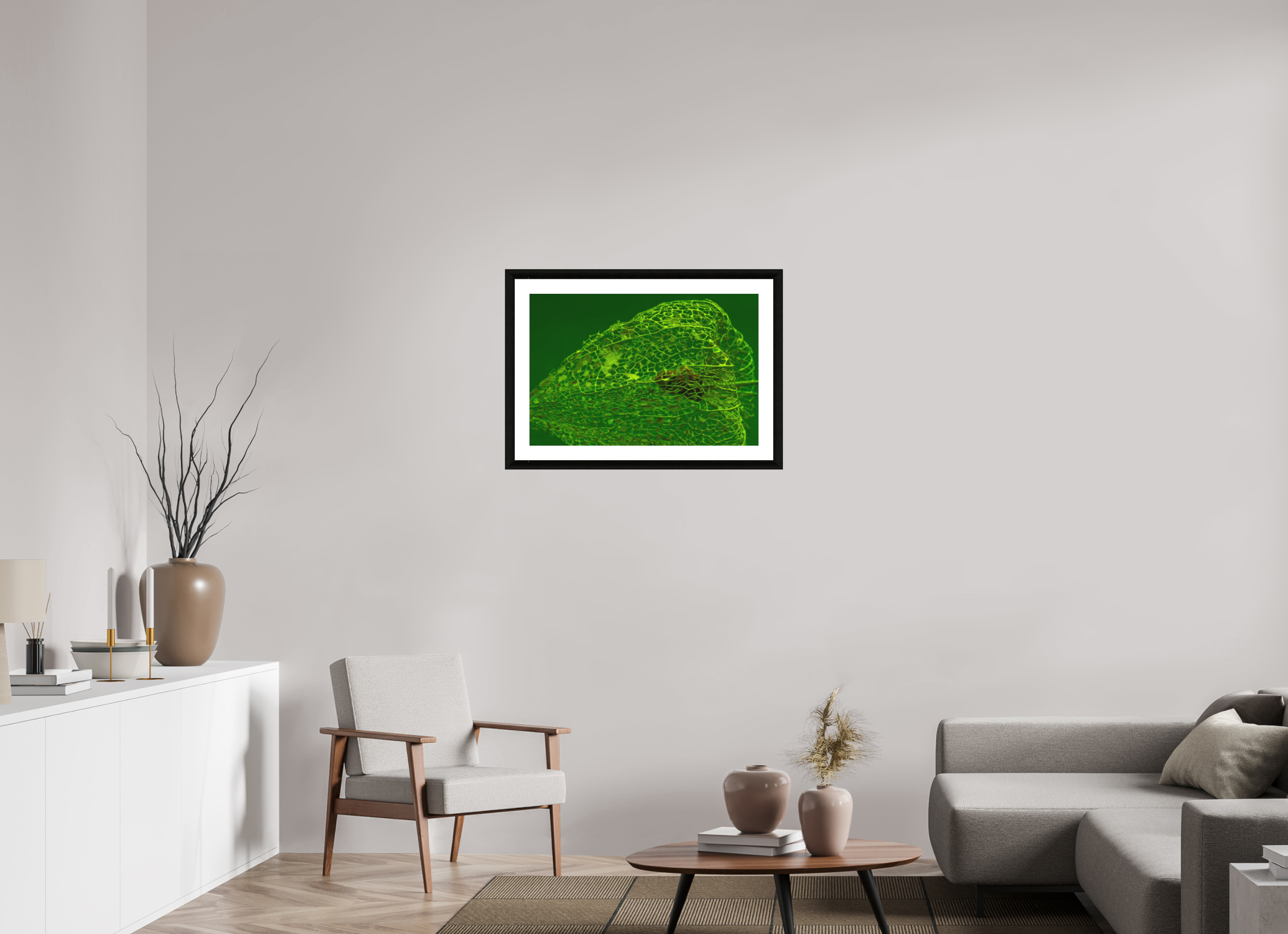 75 x 50 cm, Foto im schwarzen Ebenholz Rahmen 30mm, Museumsglas, Passepartout Hochweiß Herz der Physalis Grün