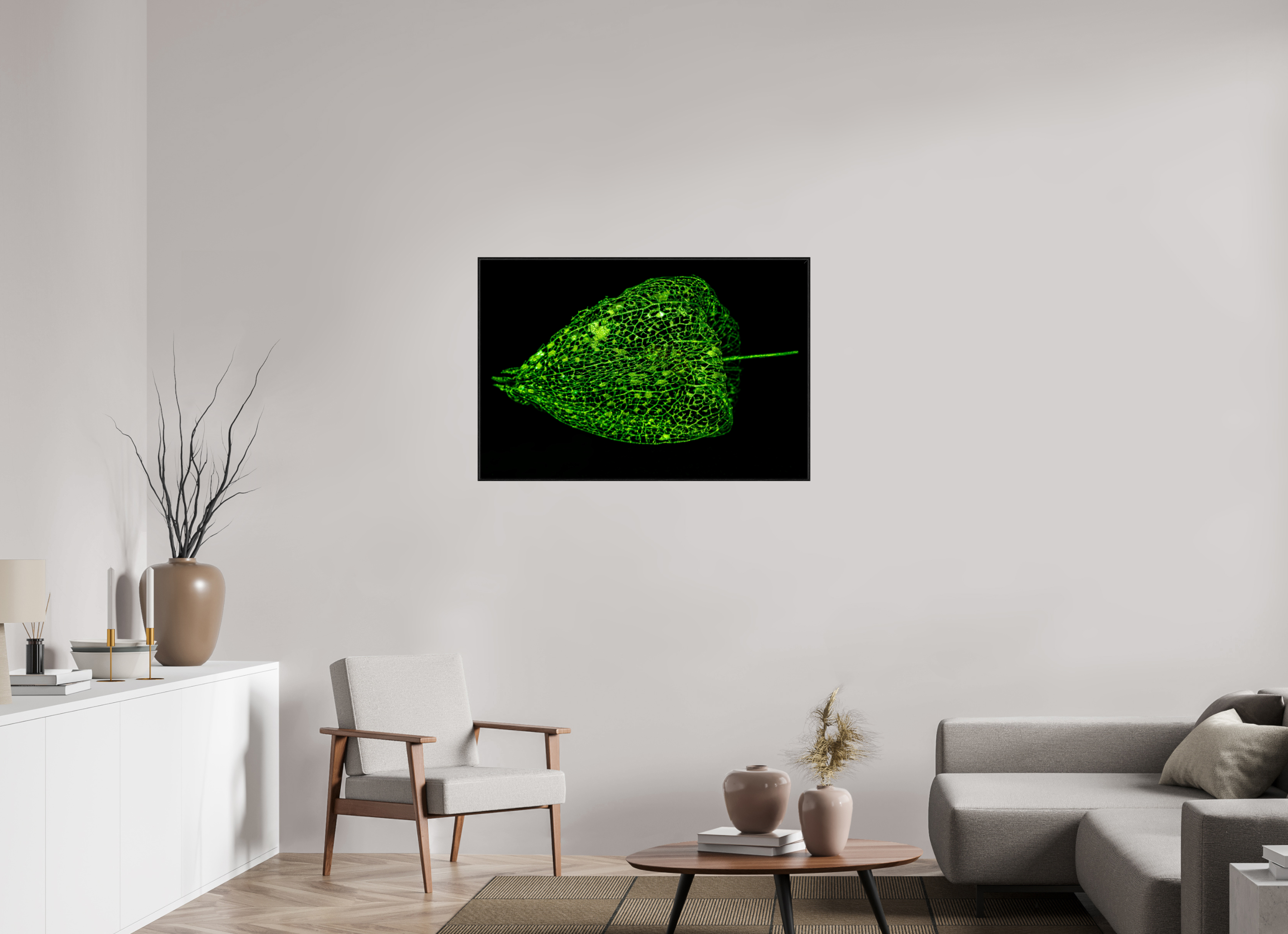 105 x 70 cm, Foto im schwarzen Schattenfugen-Rahmen hinter Acryglas, 2 mm, glänzend Grünes Farbleuchten