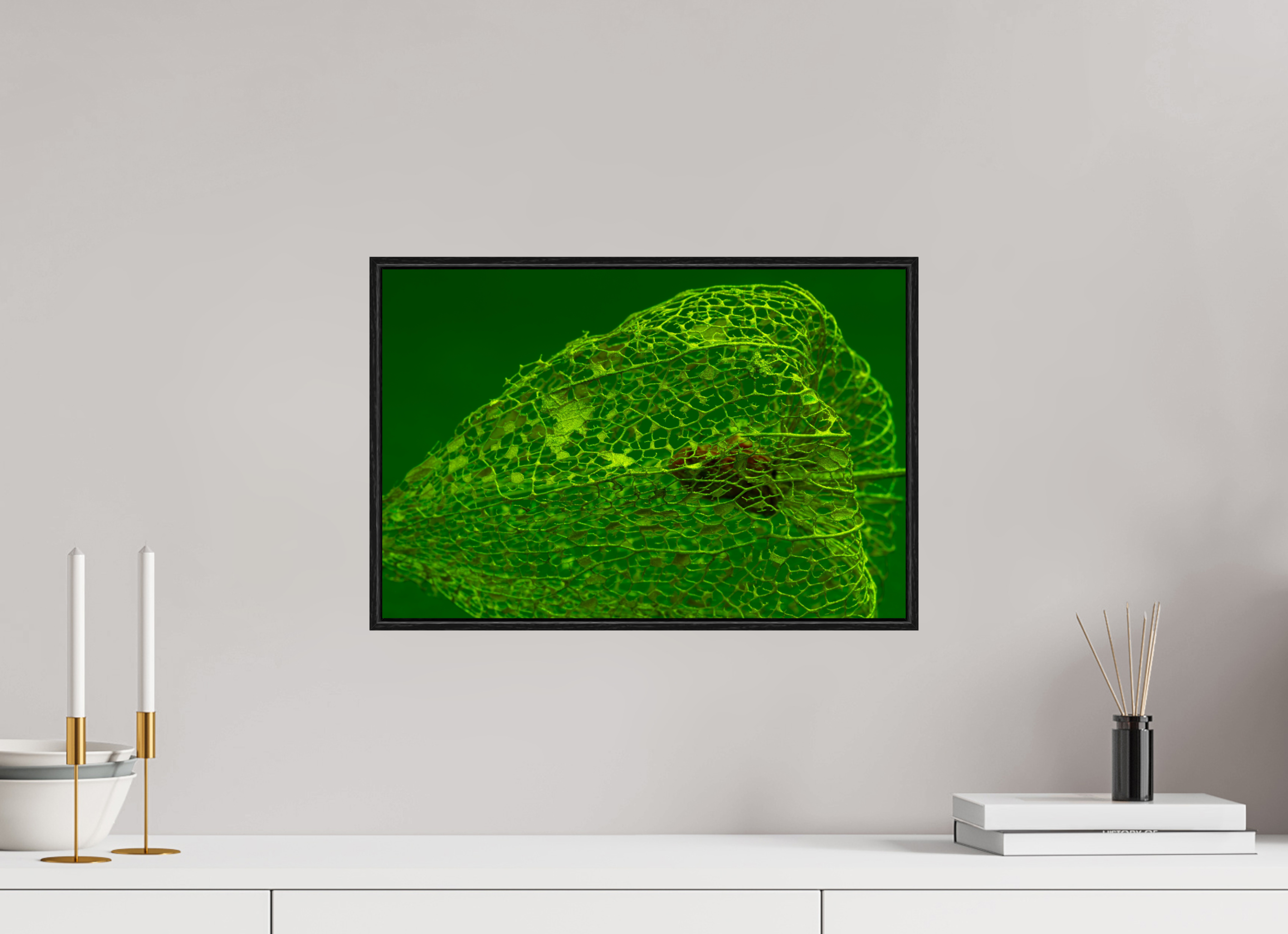 45 x 30 cm, Foto im schwarzen Schattenfugen-Rahmen hinter Acryglas, 2 mm, glänzend Herz der Physalis Grün