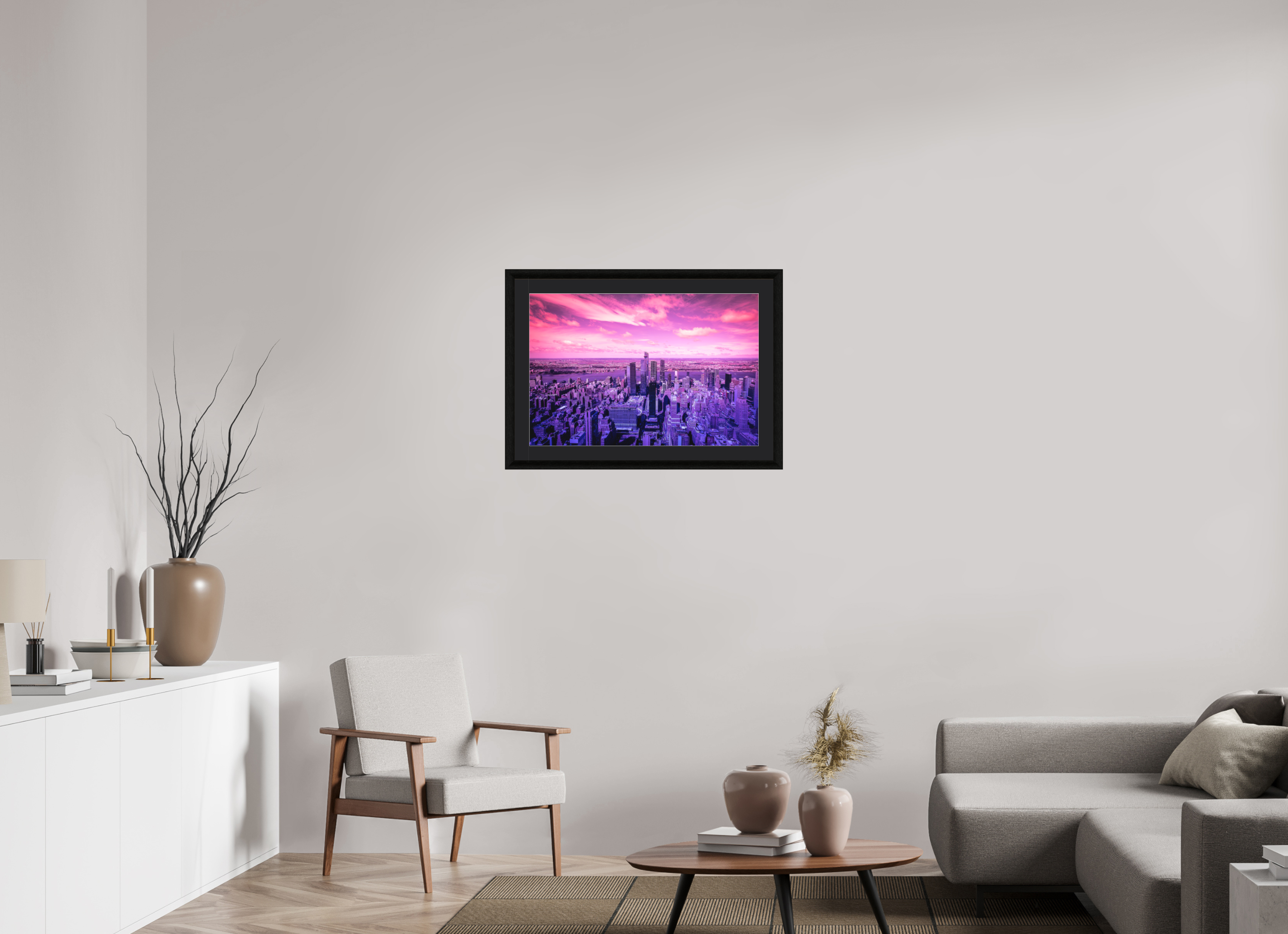 75 x 50 cm, Foto im schwarzen Ebenholz Rahmen 30mm, Museumsglas, Passepartout Schwarz New York Pink Symphony