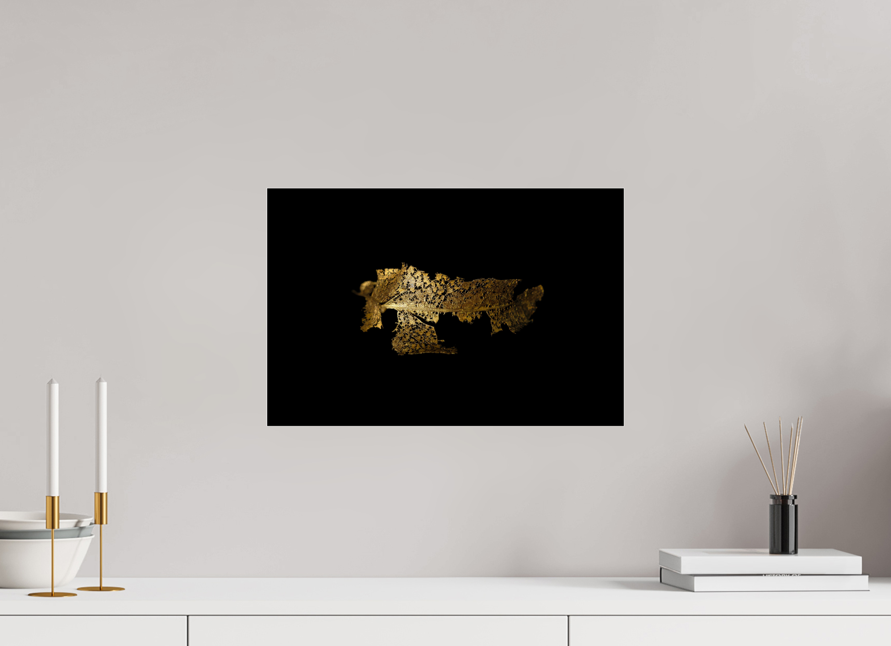 45 x 30 cm, Acrylglas, glänzend, 2 mm, Dibond 3 mm, mit Aufhängung Goldene Blattruine - Golden Grace