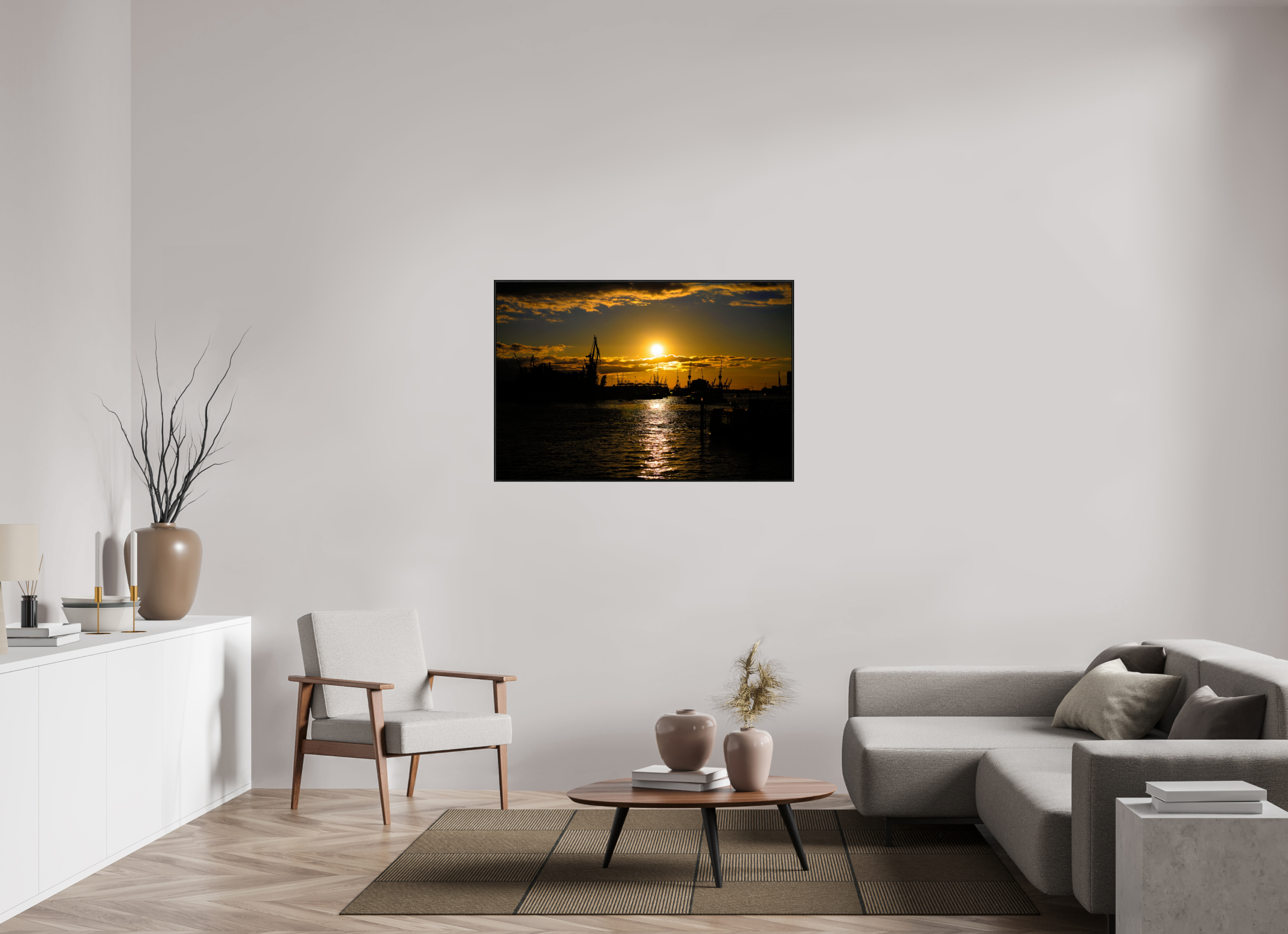 120 x 80 cm, Foto im schwarzen Schattenfugen-Rahmen hinter Acryglas, 2 mm, glänzend Golden Harbour Sunset