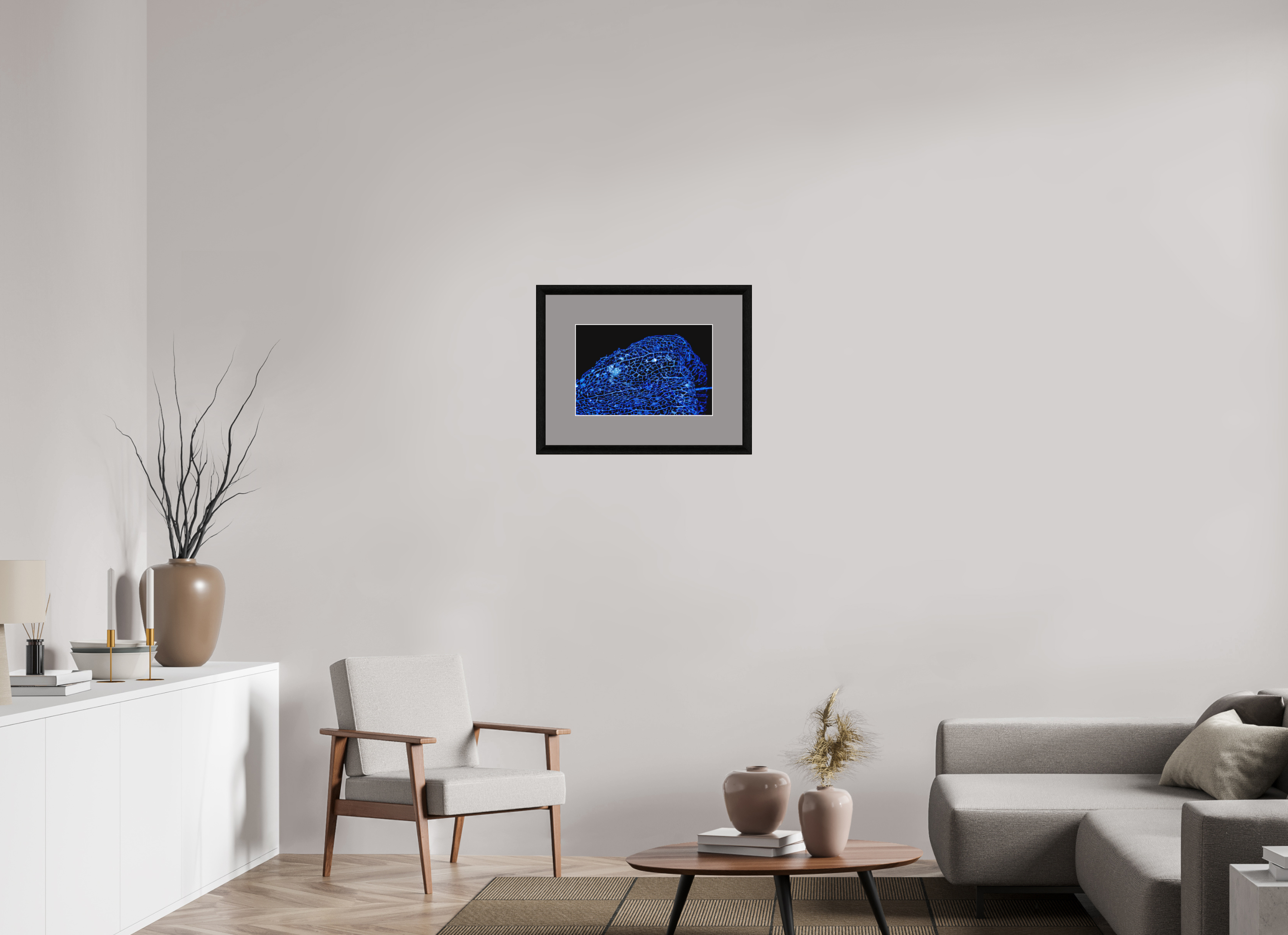 45 x 30 cm, Foto im schwarzen Eichen Rahmen, 30mm, Museumsglas, breites Passepartout Anthrazit Blaues Farbleuchten