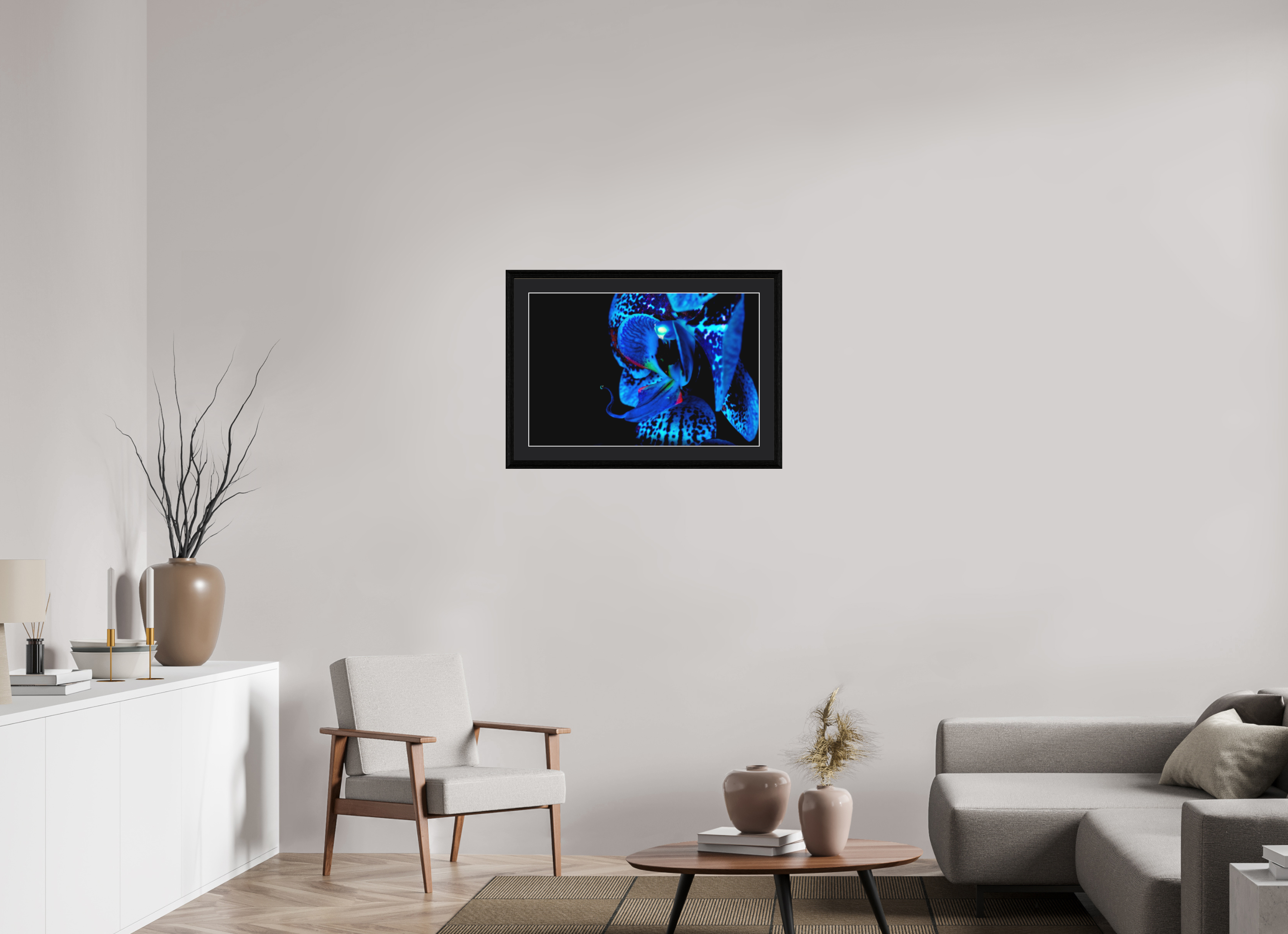 75 x 50 cm, Foto im schwarzen Eichen Rahmen, 27mm, Museumsglas, Passepartout schwarz Indigo Ammer Flower