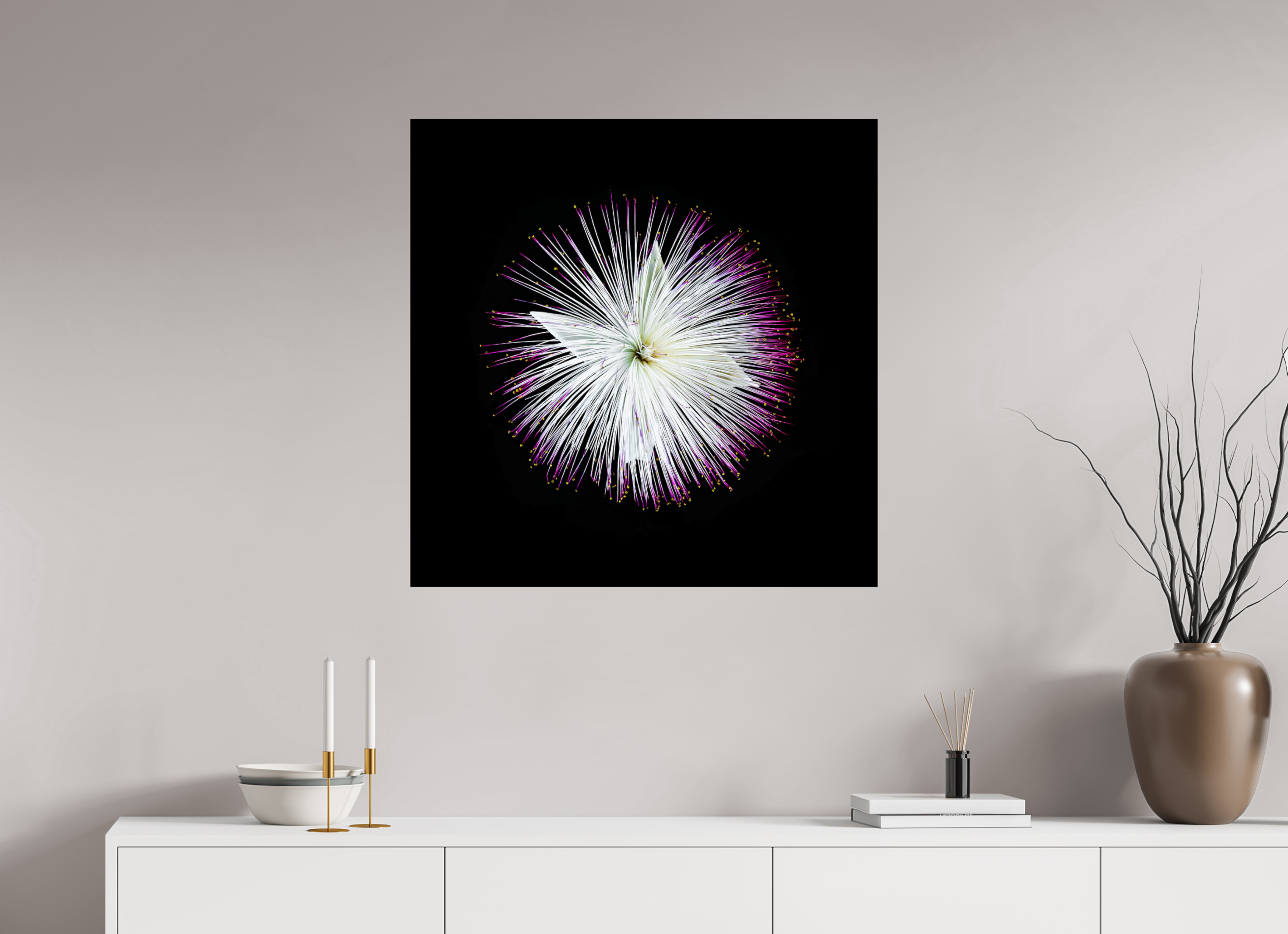 80 x 80 cm, Acrylglas, glänzend, 2 mm, Dibond 3 mm, mit Aufhängung Firework Blossom