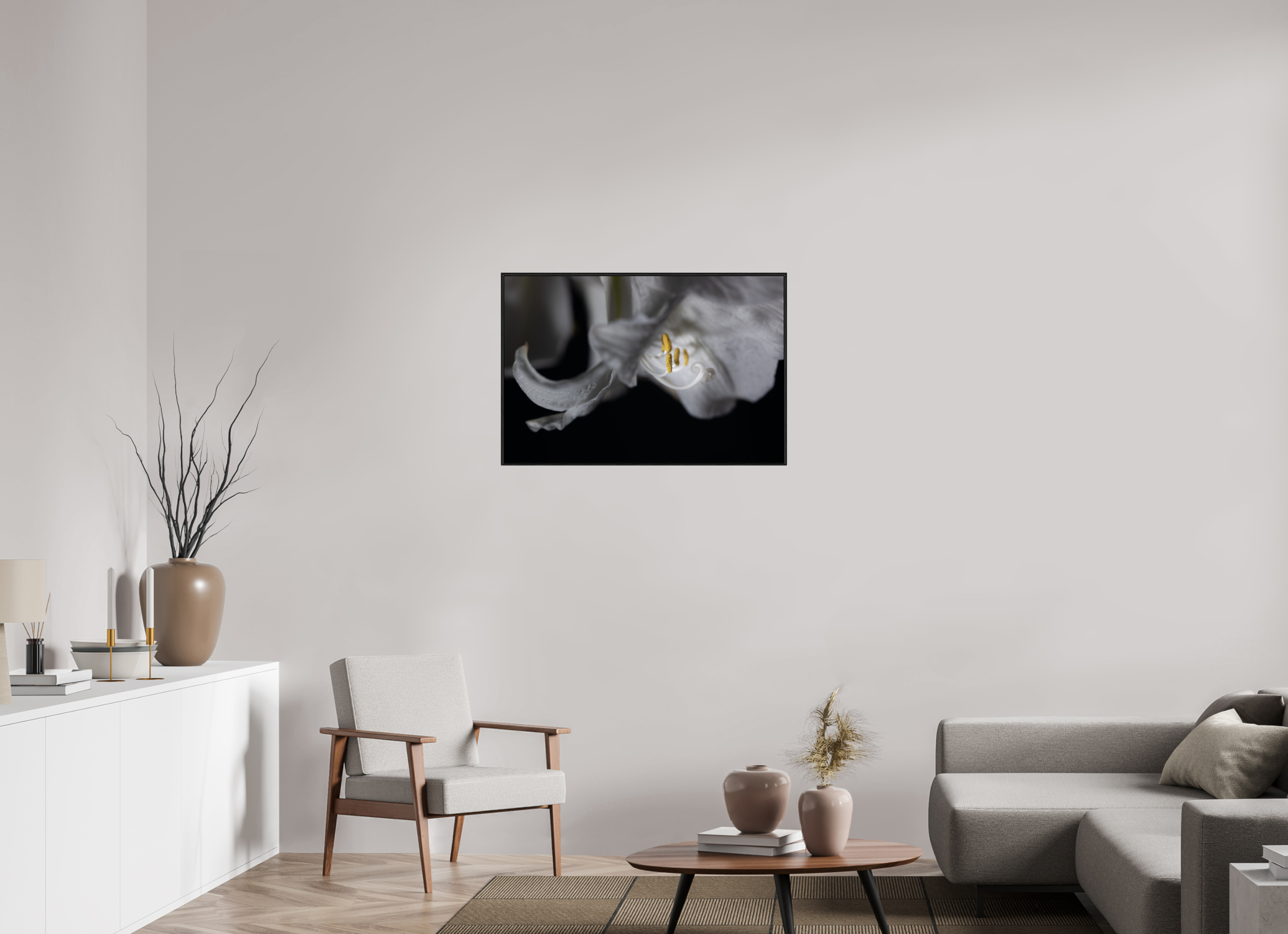 90 x 60 cm, Foto im schwarzen Schattenfugen-Rahmen hinter Acryglas, 2 mm, glänzend Firefly Flower