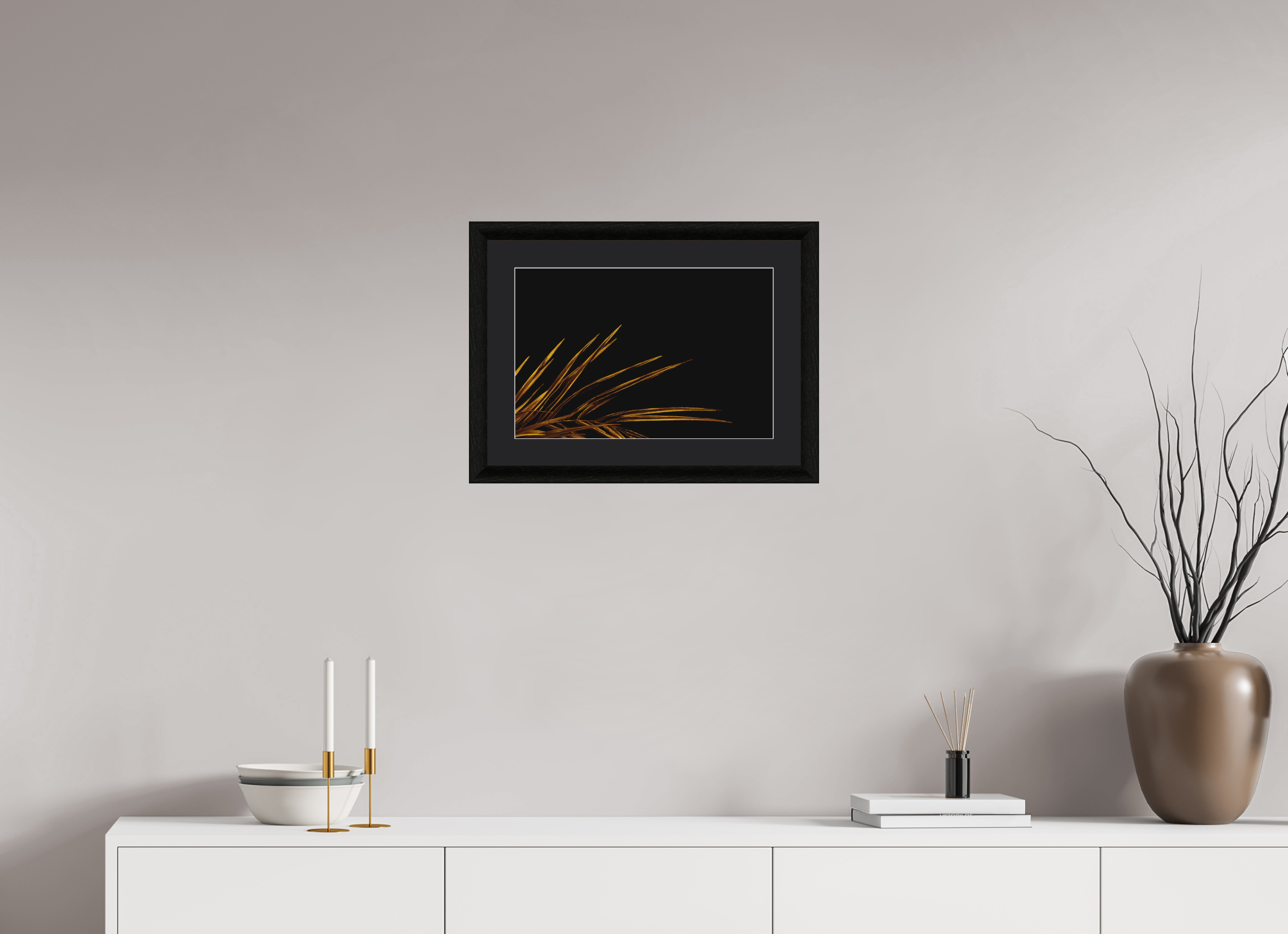 45 x 30 cm, Foto im schwarzen Ebenholz Rahmen 30mm, Museumsglas, Passepartout Schwarz Golden Leaves