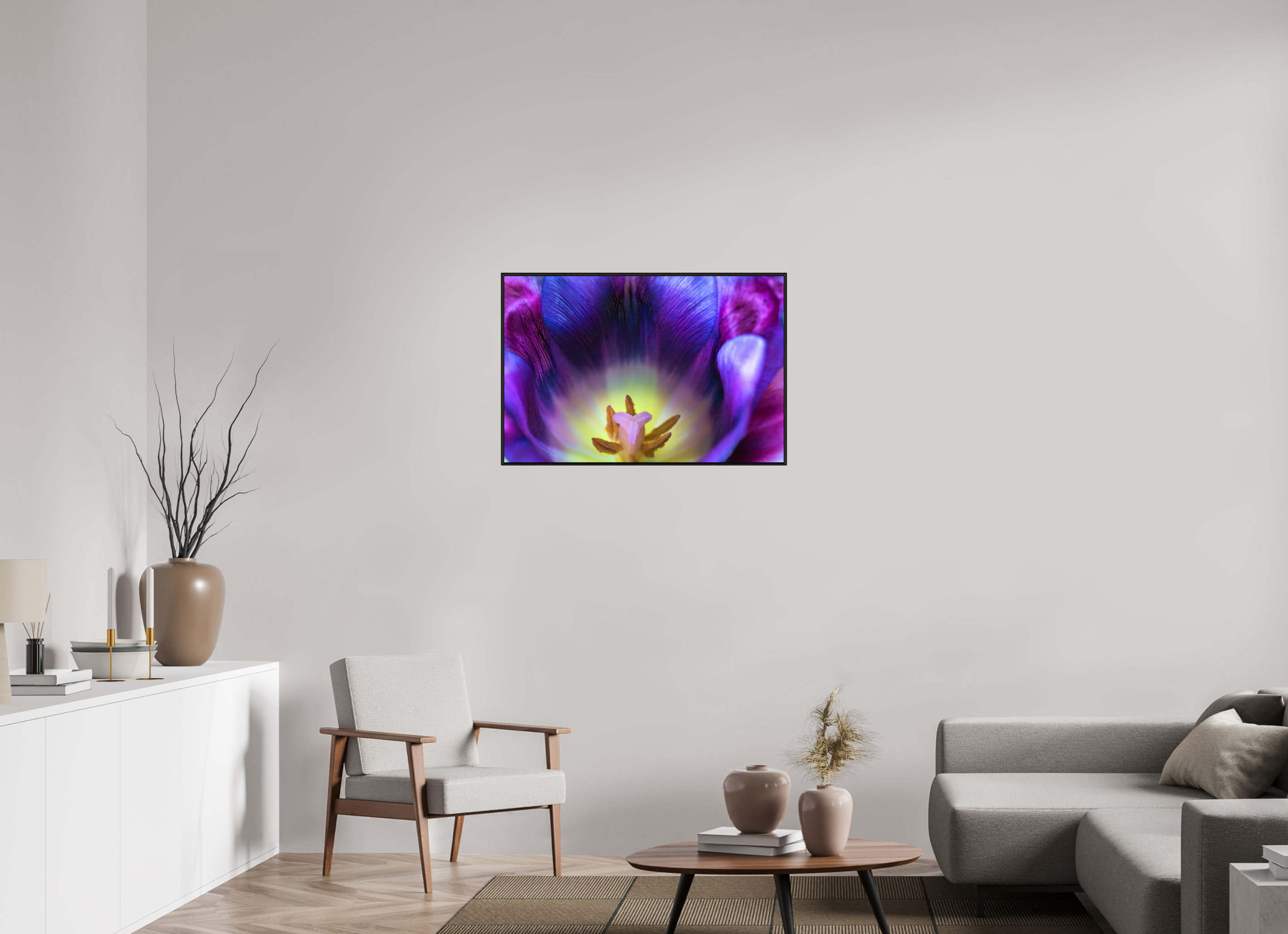 90 x 60 cm, Foto im schwarzen Schattenfugen-Rahmen hinter Acryglas, 2 mm, glänzend Purple Spring
