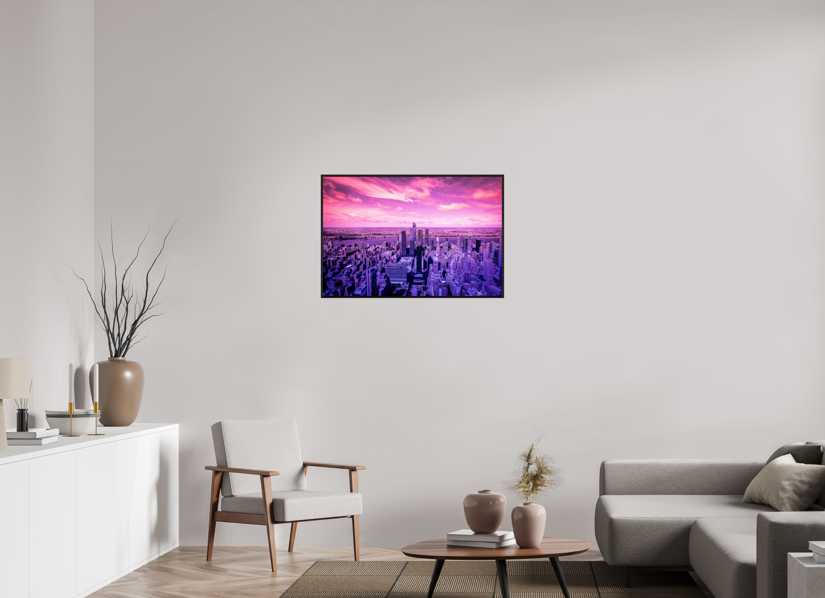 90 x 60 cm, Foto im schwarzen Schattenfugen-Rahmen hinter Acryglas, 2 mm, glänzend New York Pink Symphony