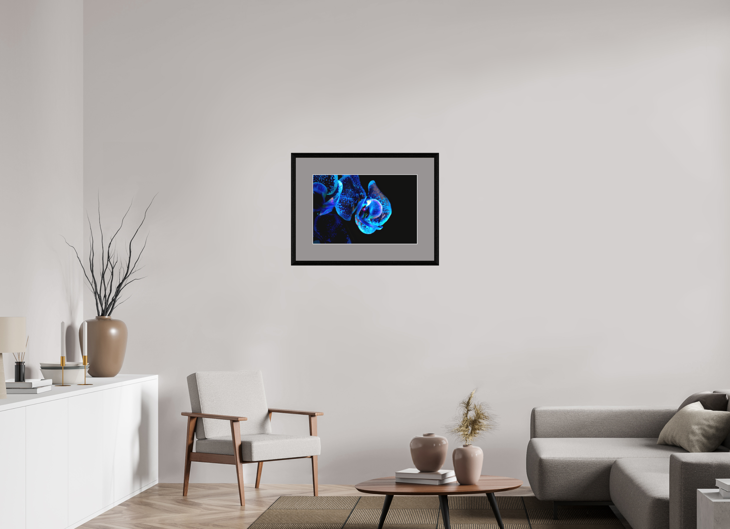 60 x 40 cm, Hahnemühle FineArt Baryta im schwarzen Eichen Rahmen, 27mm,Museumsglas, Passepartout Dunkelgrau Lapislazuli Chameleon - Fine Art