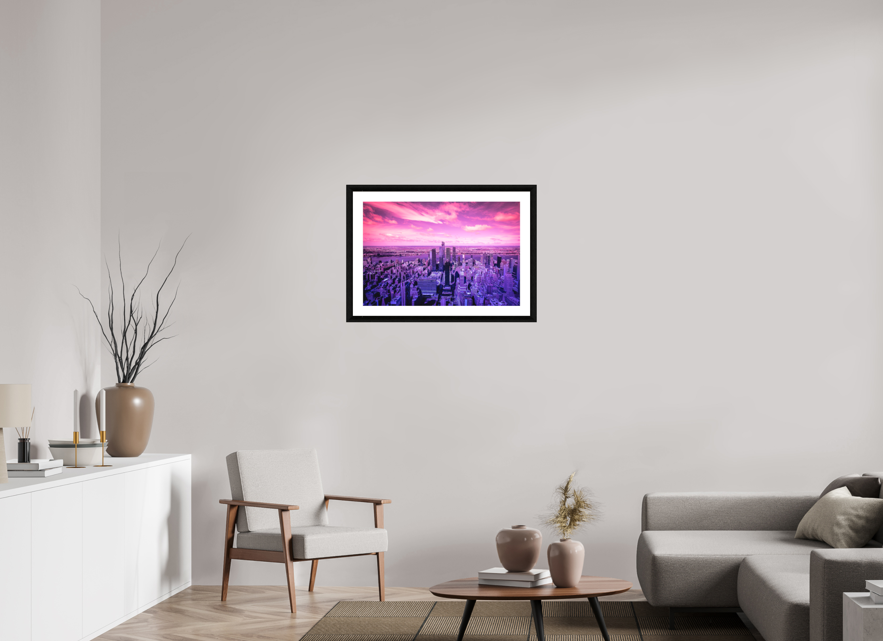 75 x 50 cm, Foto im schwarzen Ebenholz Rahmen 30mm, Museumsglas, Passepartout Hochweiß New York Pink Symphony