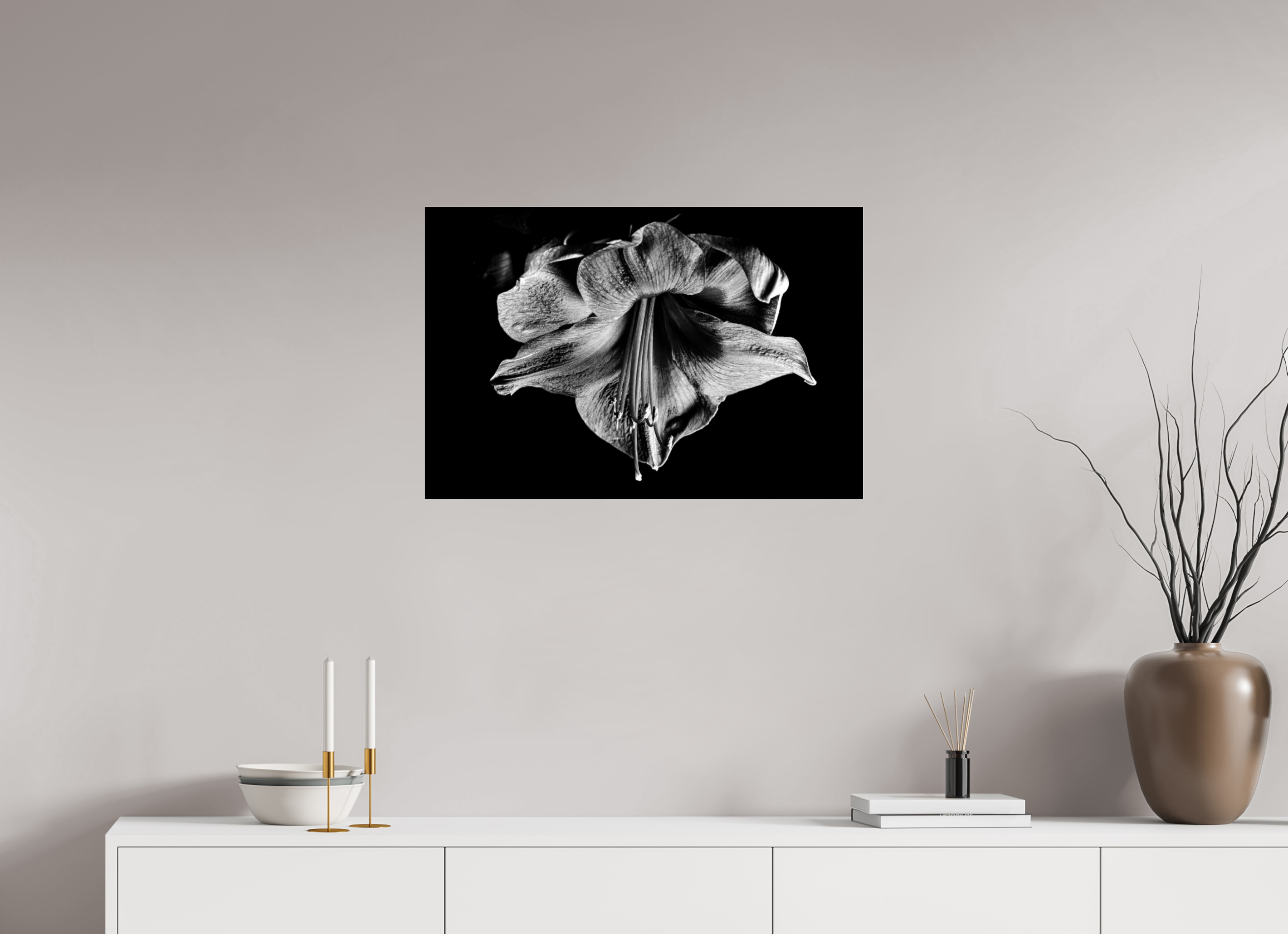 75 x 50 cm, Acrylglas, glänzend, 2 mm, Dibond 3 mm, mit Aufhängung Amaryllis in the Dusk
