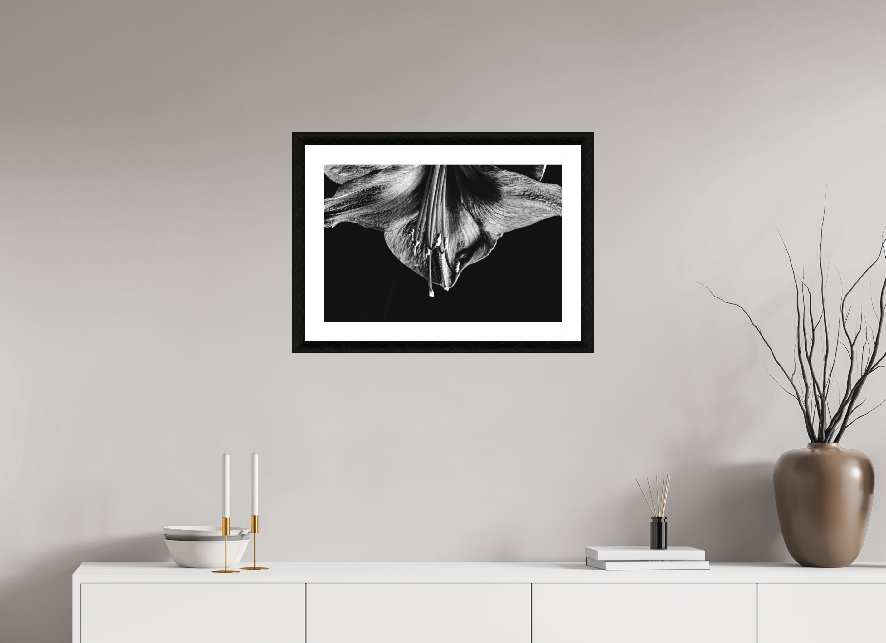 60 x 40 cm, Foto im schwarzen Ebenholz Rahmen 30mm, Museumsglas, Passepartout Hochweiß Amaryllis Half Moon