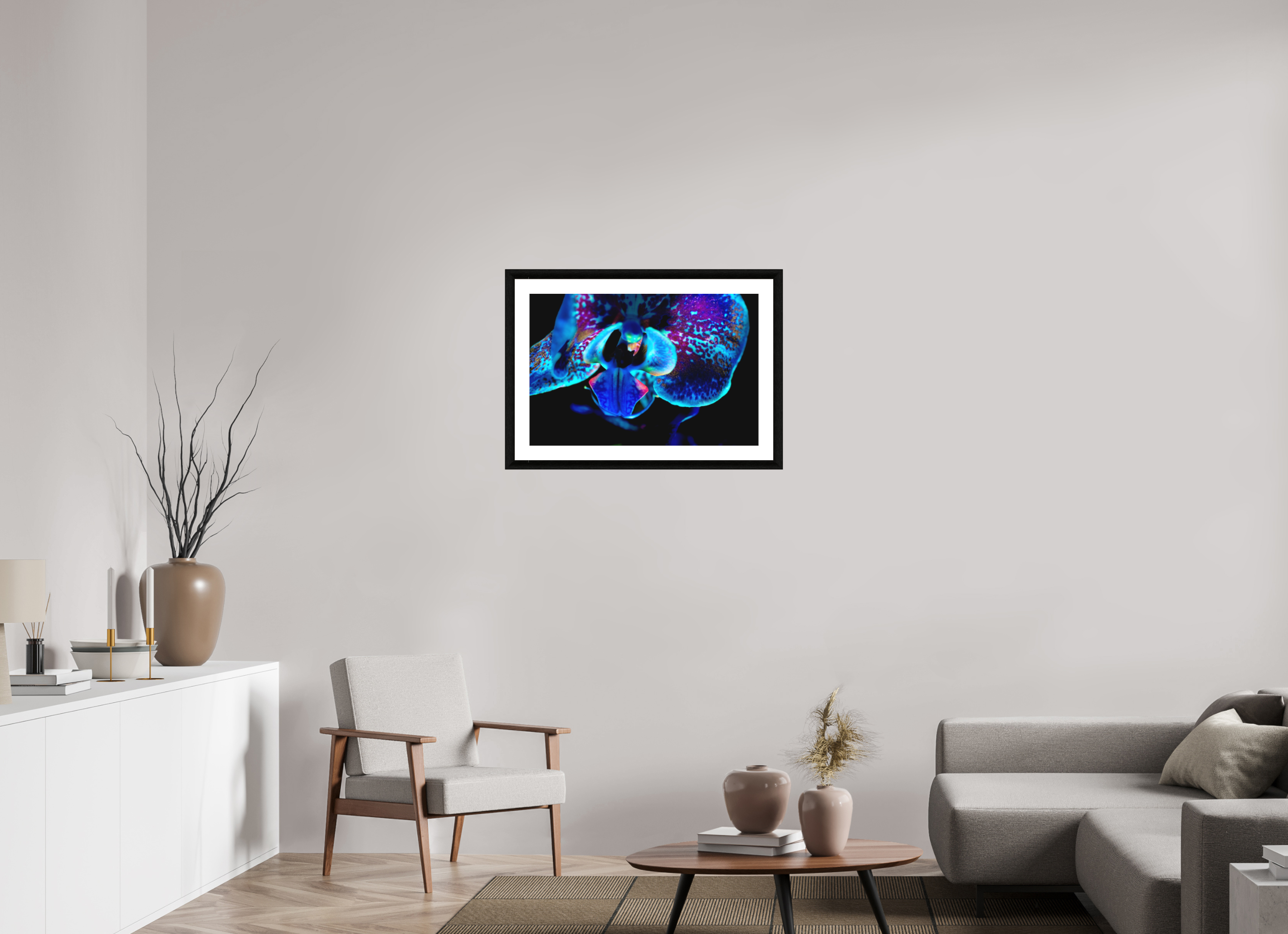 75 x 50 cm, Foto im schwarzen Ebenholz Rahmen 30mm, Museumsglas, Passepartout Hochweiß Morpho Flower