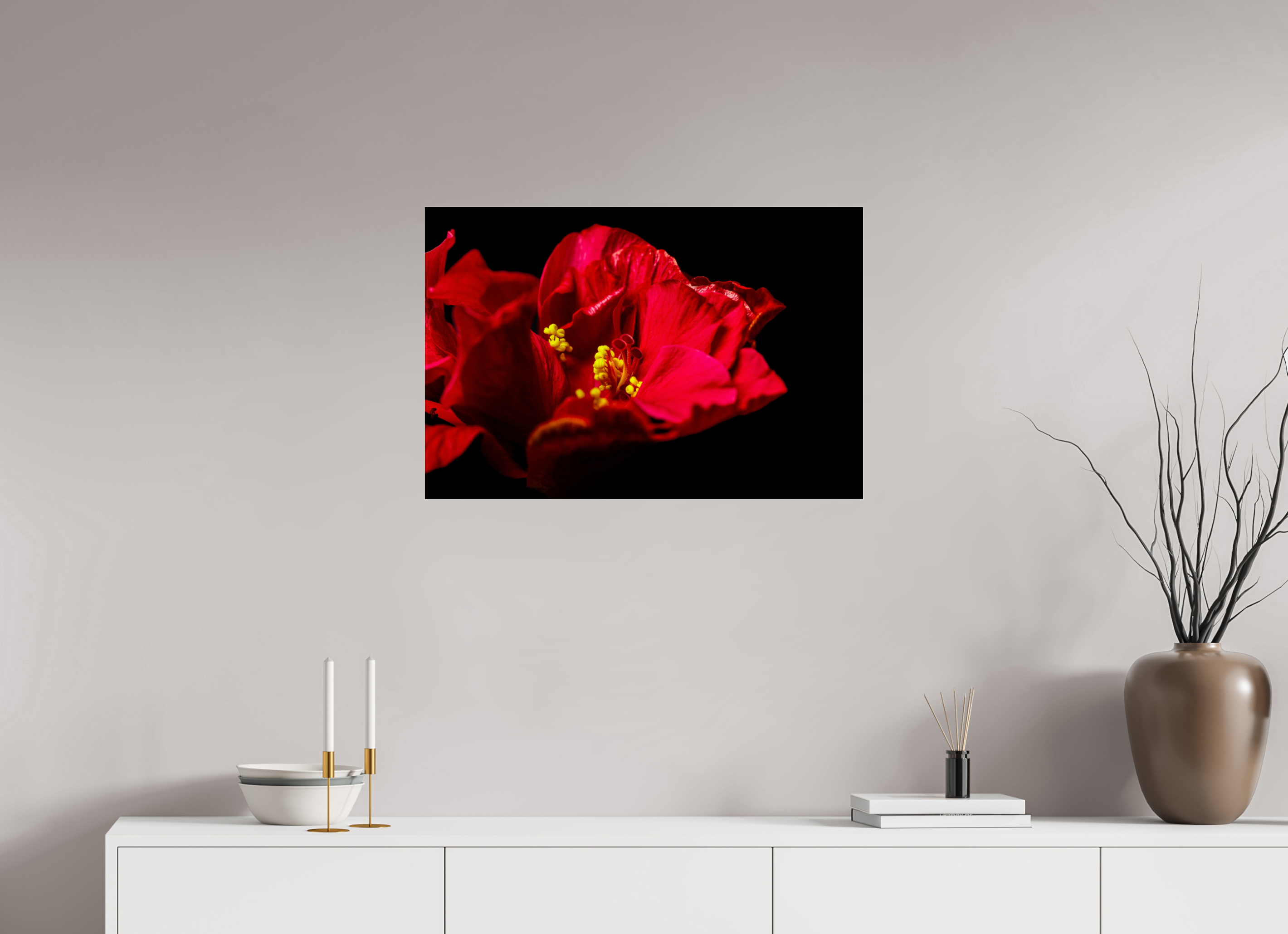 75 x 50 cm, Acrylglas, glänzend, 2 mm, Dibond 3 mm, mit Aufhängung Flamenco Blossom