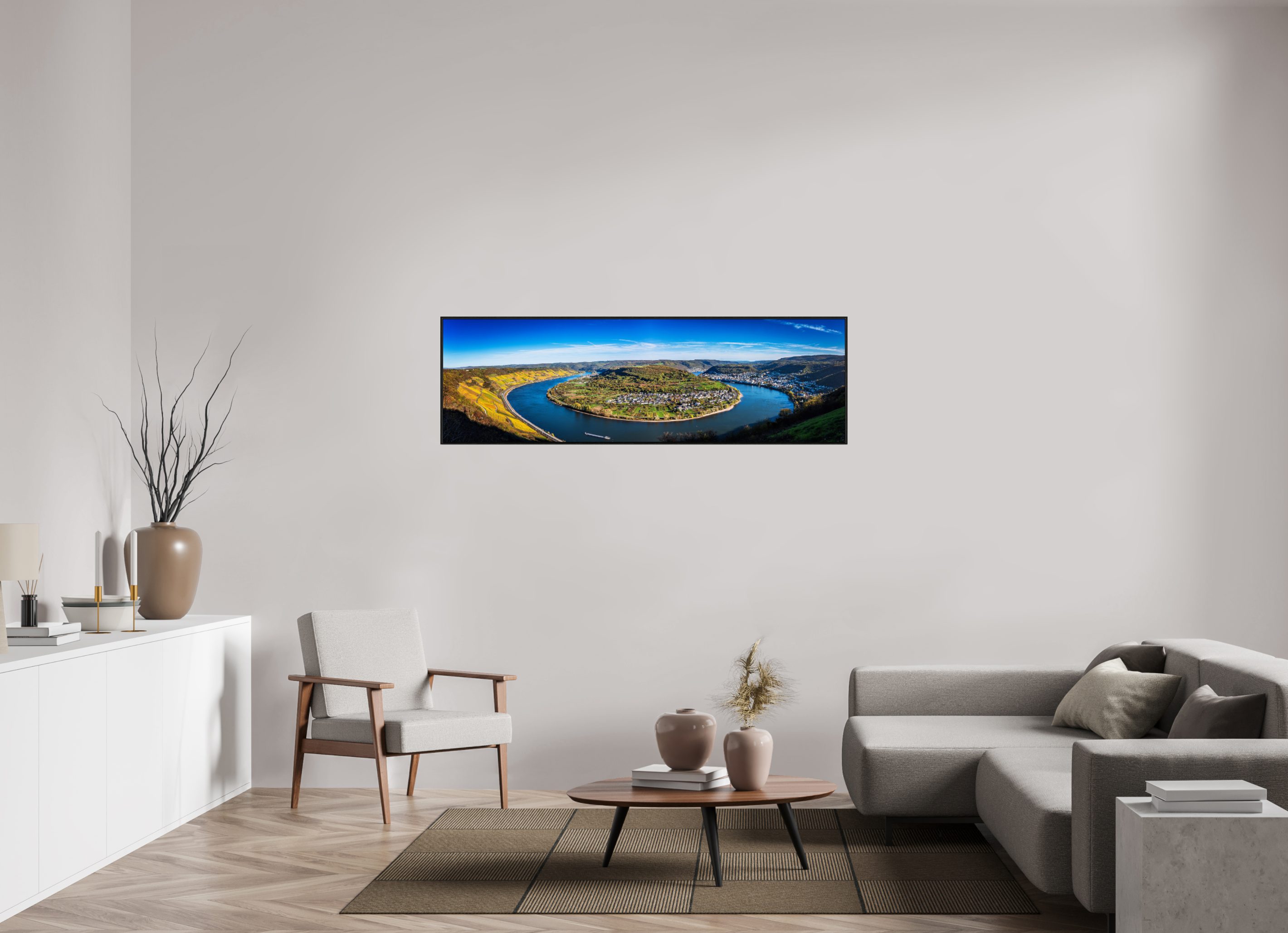 163,4 x 50 cm, Foto im schwarzen Schattenfugen-Rahmen hinter Acryglas, 2 mm, glänzend Rheinschleife