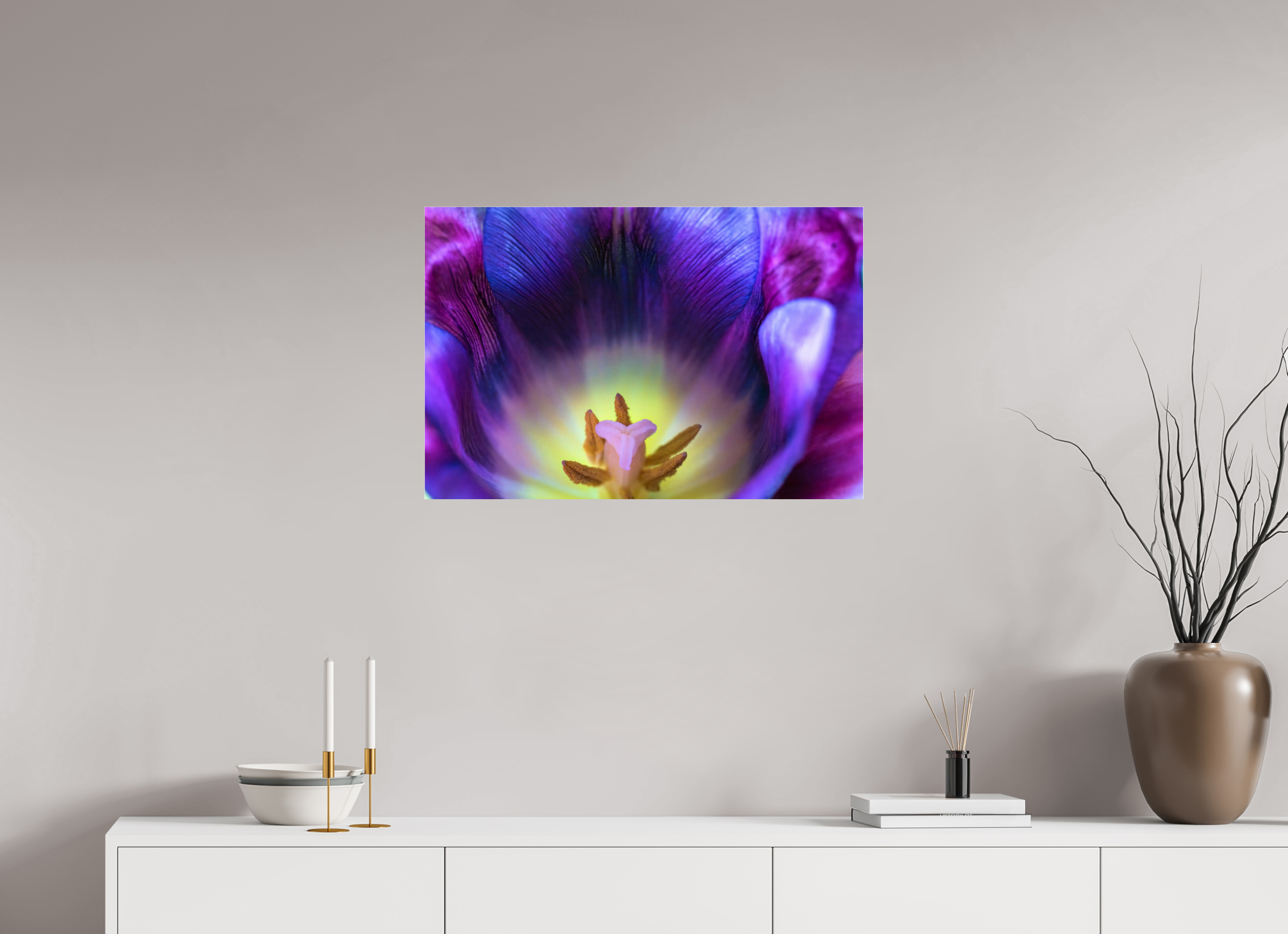 75 x 50 cm, Acrylglas, glänzend, 2 mm, Dibond 3 mm, mit Aufhängung Purple Spring