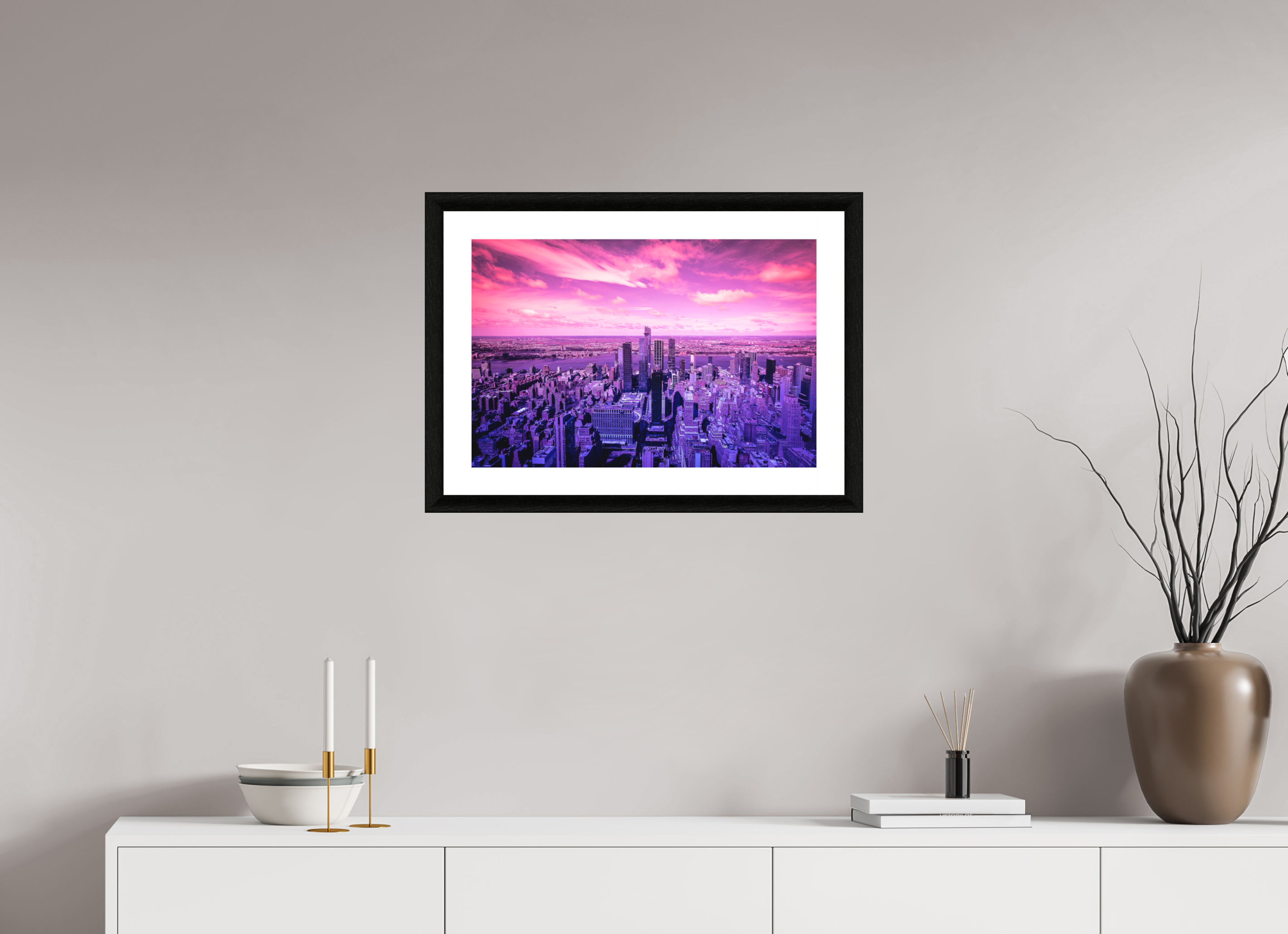 60 x 40 cm, Foto im schwarzen Ebenholz Rahmen 30mm, Museumsglas, Passepartout Hochweiß New York Pink Symphony