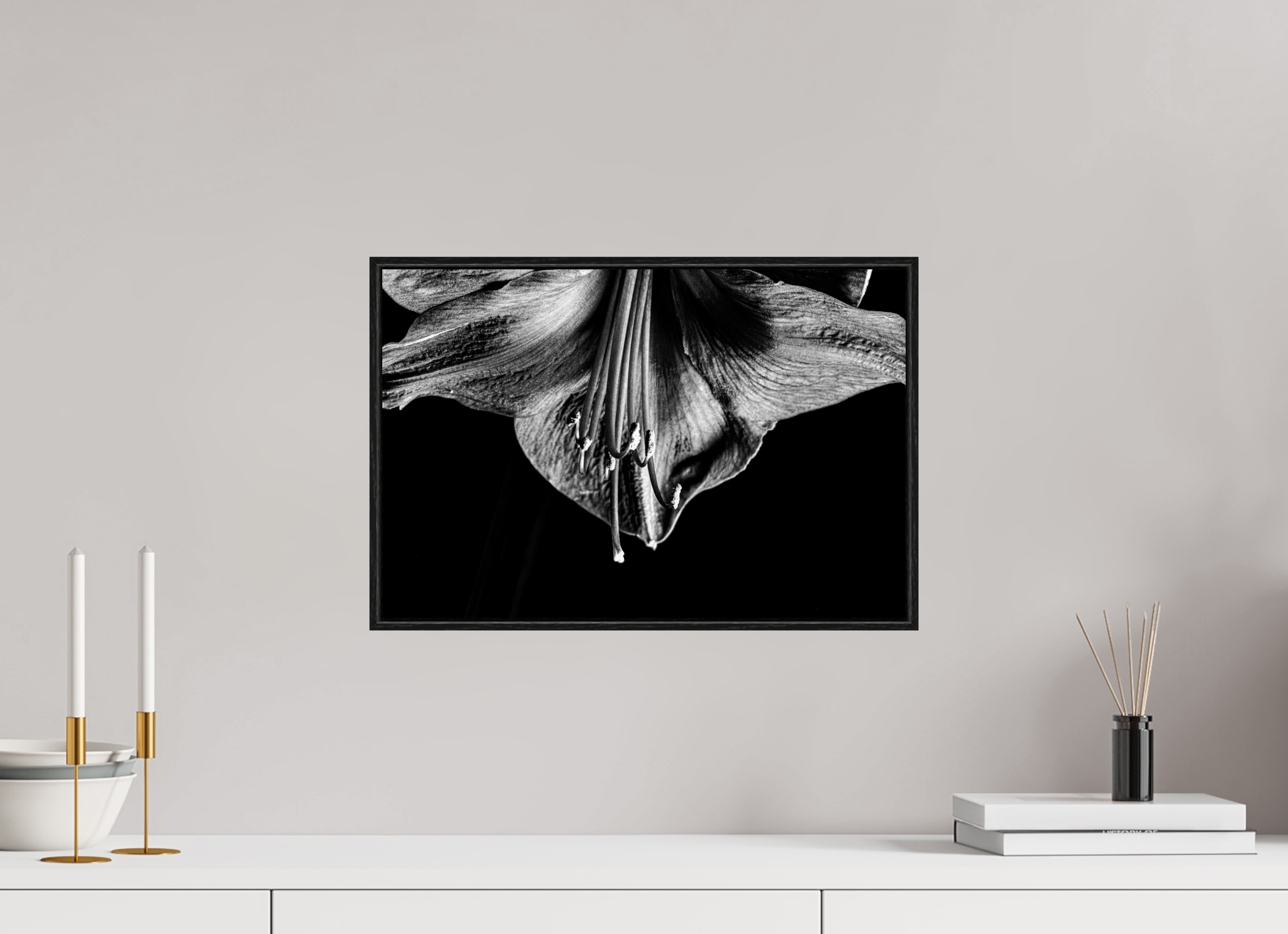 45 x 30 cm, Foto im schwarzen Schattenfugen-Rahmen hinter Acryglas, 2 mm, glänzend Amaryllis Half Moon