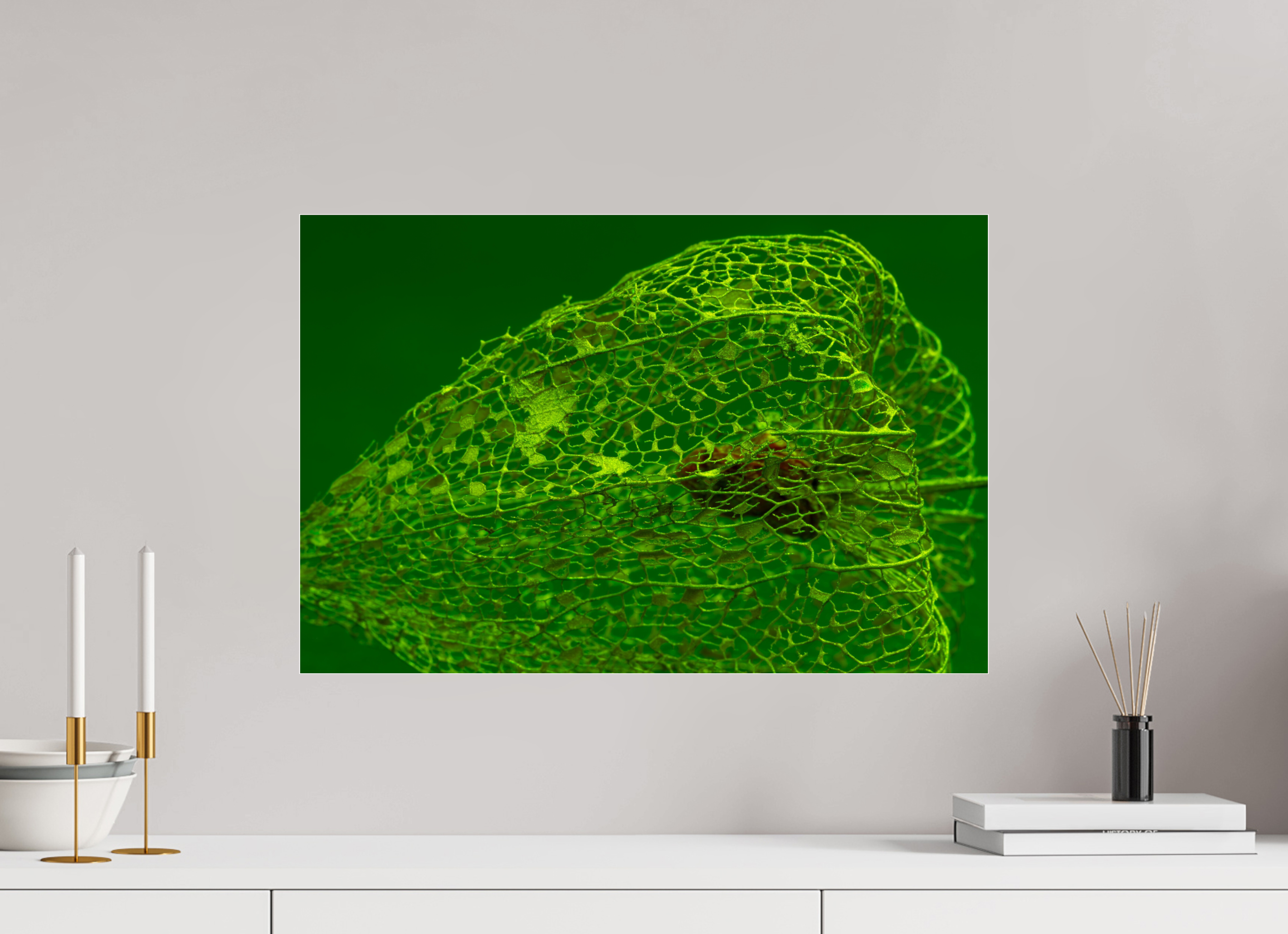60 x 40 cm, Acrylglas, glänzend, 2 mm, Dibond 3 mm, mit Aufhängung Herz der Physalis Grün