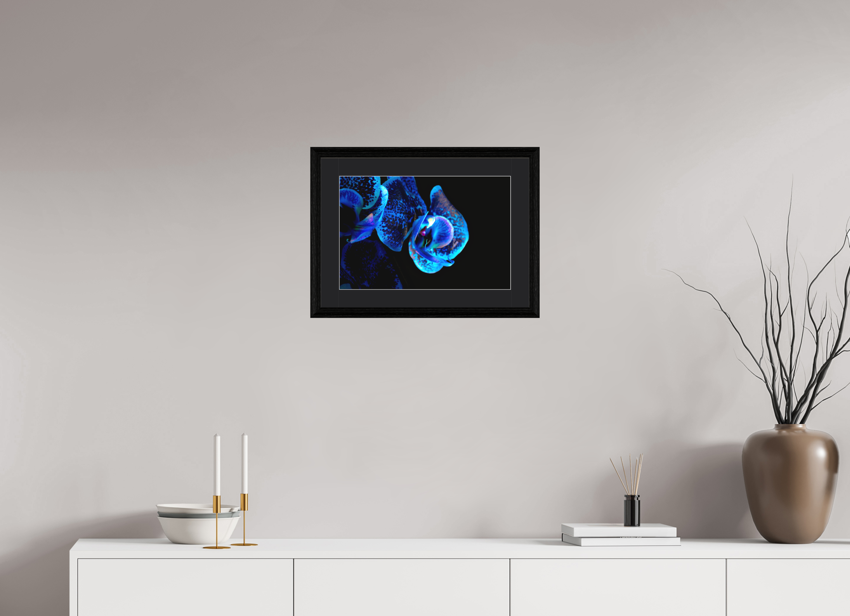 45 x 30 cm, Foto im schwarzen Eichen Rahmen, 27mm, Museumsglas, Passepartout schwarz Lapislazuli Chameleon Flower