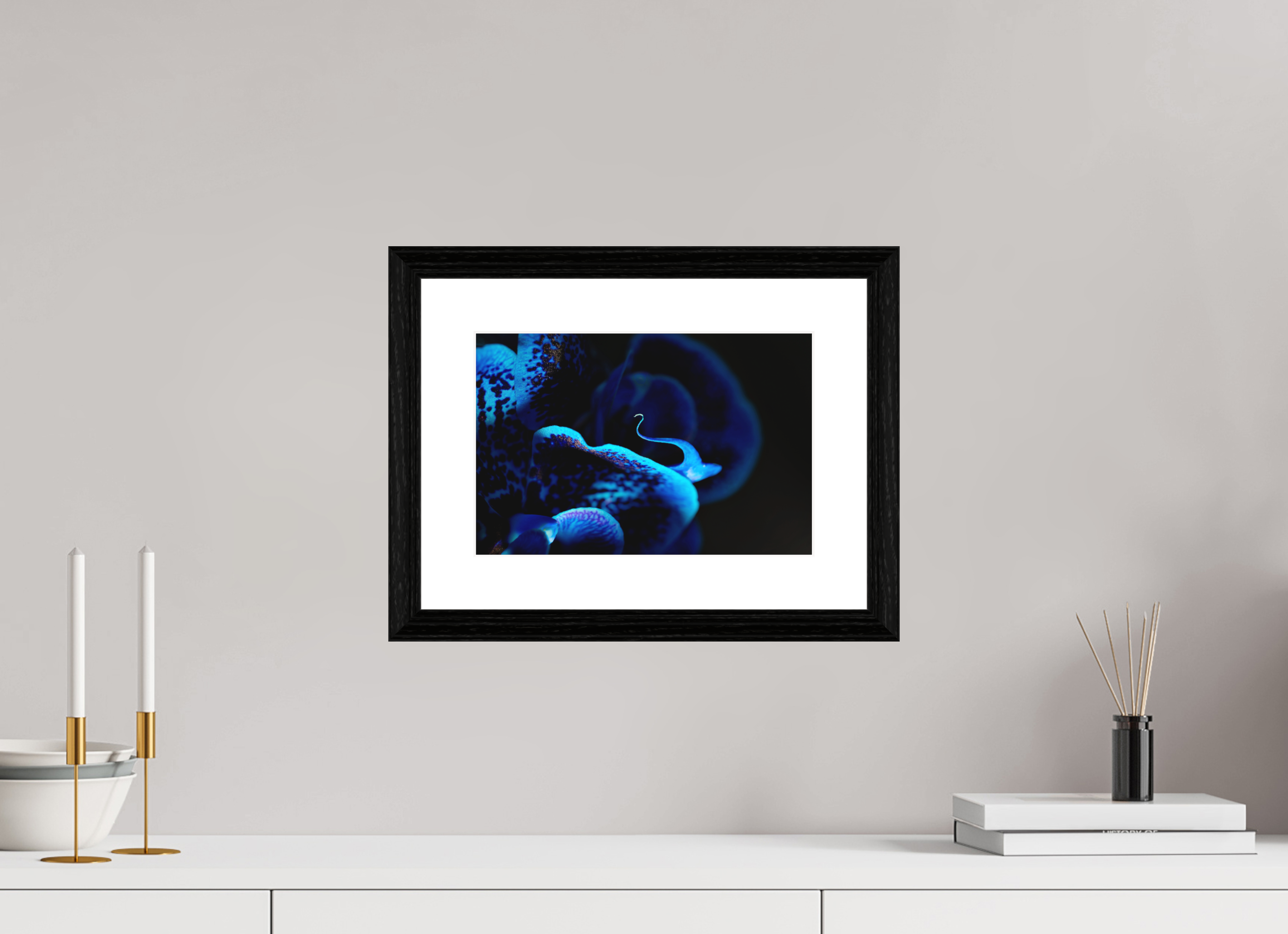 30 x 20 cm, Hahnemühle FineArt Baryta im schwarzen Eichen Rahmen, 27mm,Museumsglas, Passepartout Hochweiß Ultramarin Flower - Fine Art