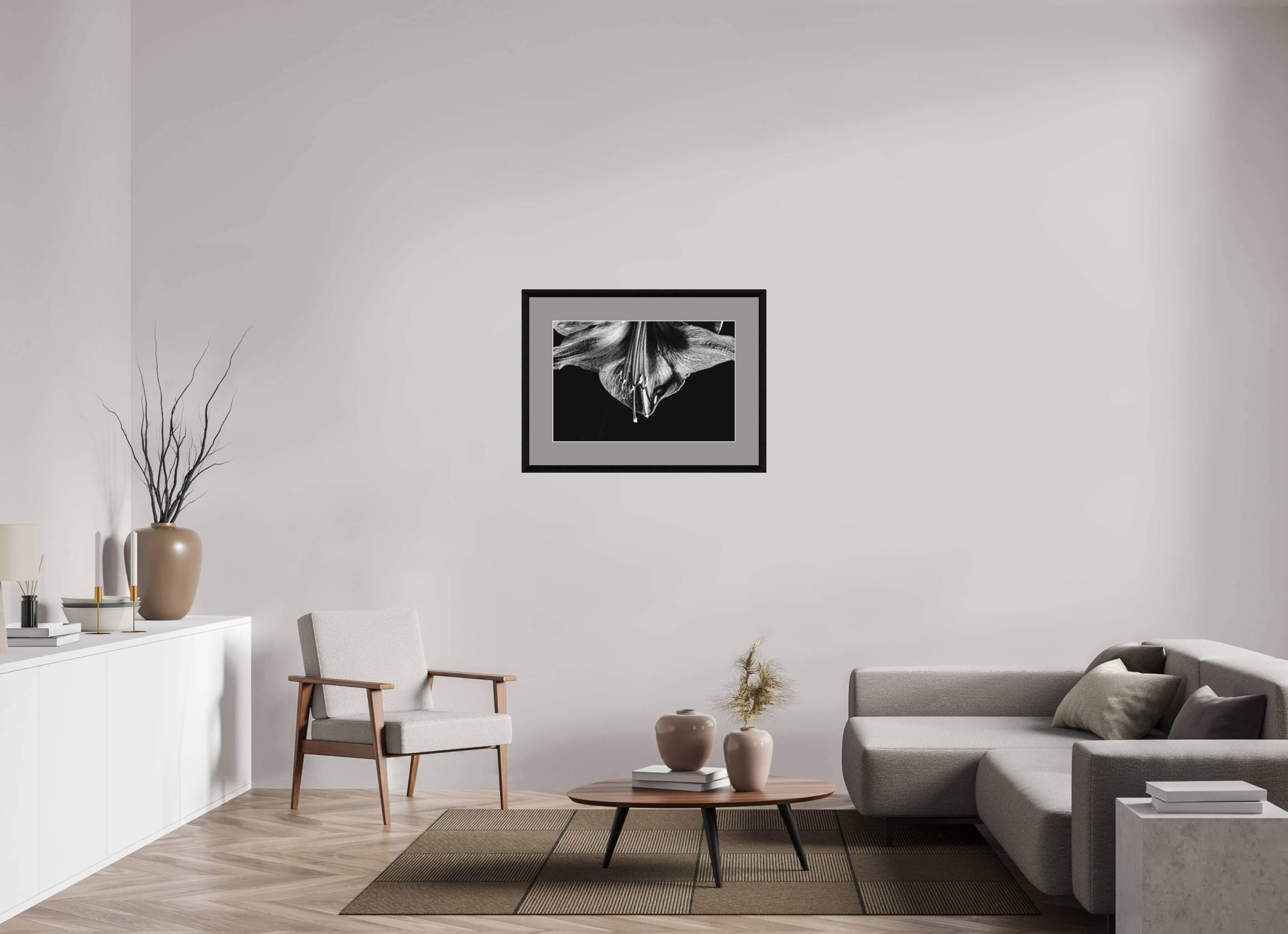 75 x 50 cm, Foto im schwarzen Eichen Rahmen, 30mm, Museumsglas, breites Passepartout Anthrazit Amaryllis Half Moon