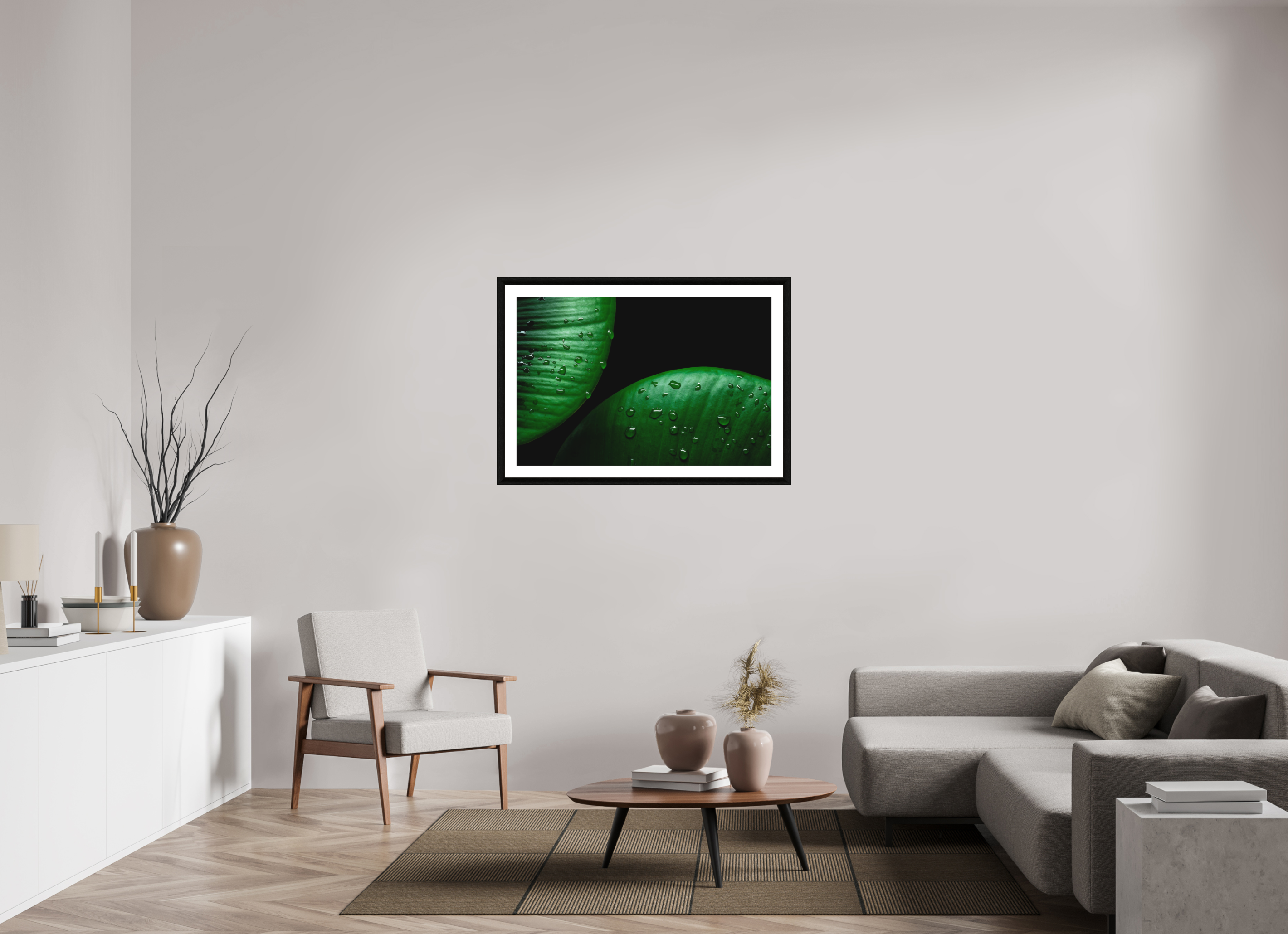 105 x 70 cm, Foto im schwarzen Ebenholz Rahmen 30mm, Museumsglas, Passepartout Hochweiß Harmonical Raindrops