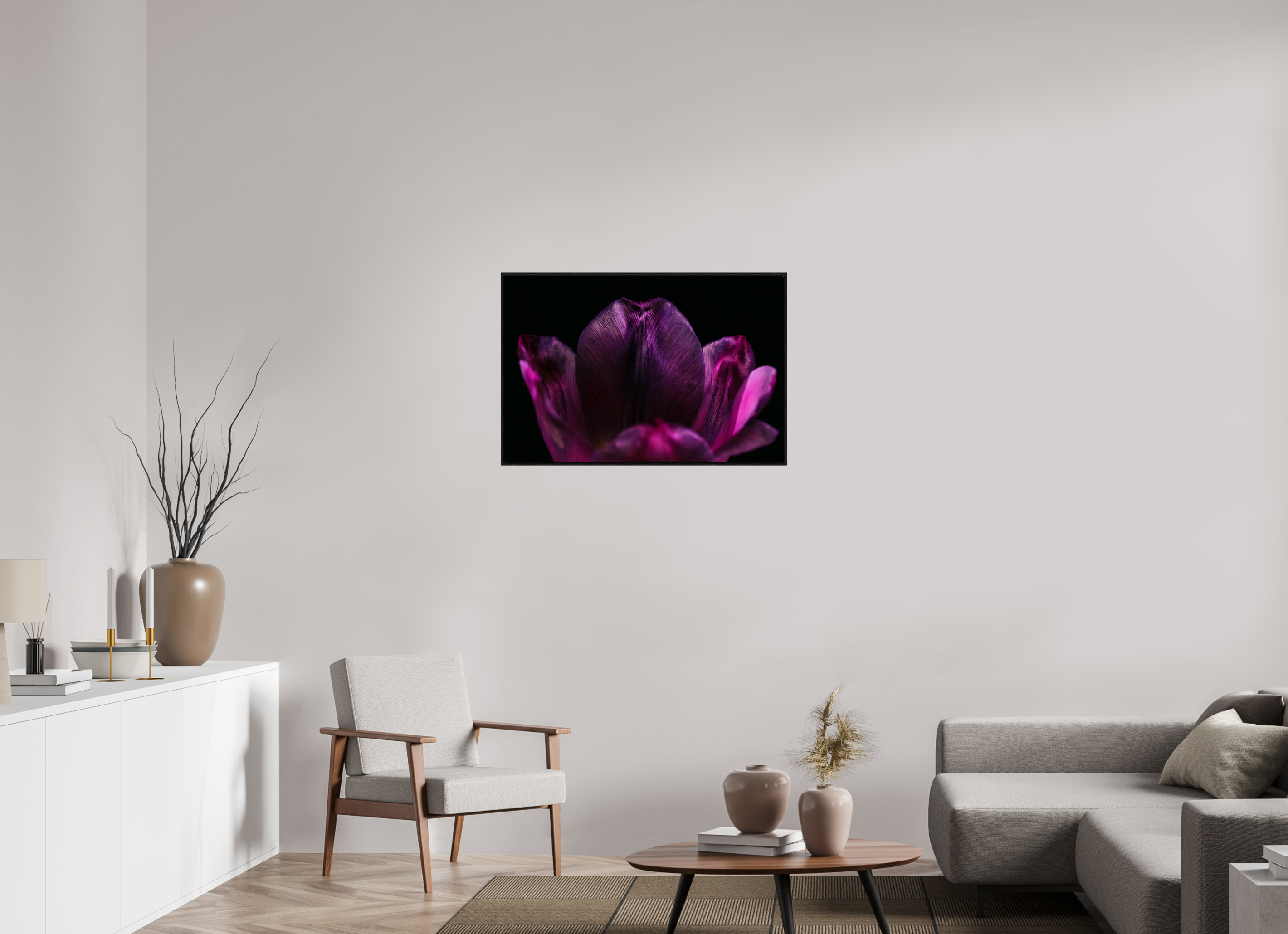 90 x 60 cm, Foto im schwarzen Schattenfugen-Rahmen hinter Acryglas, 2 mm, glänzend Purple Silent