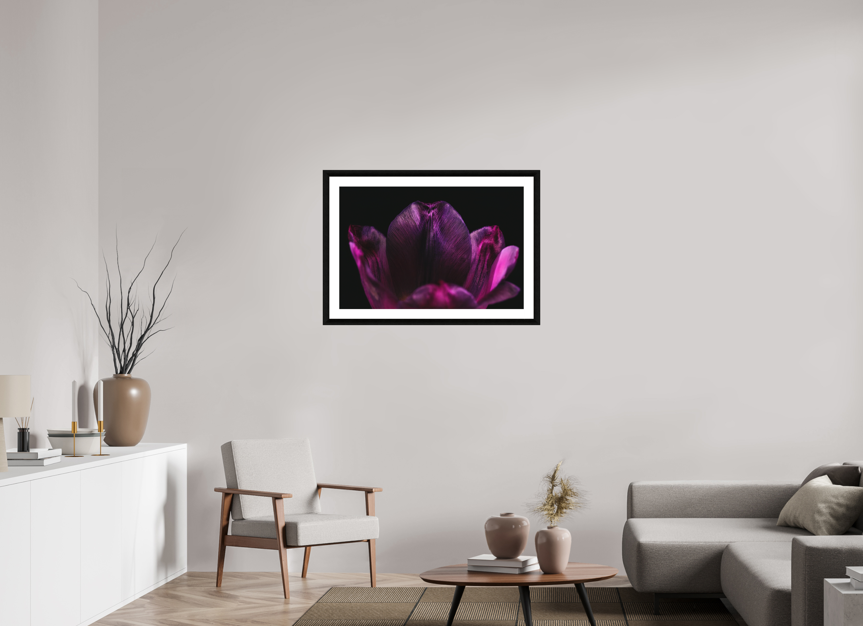 90 x 60 cm, Foto im schwarzen Ebenholz Rahmen 30mm, Museumsglas, Passepartout Hochweiß Purple Silent