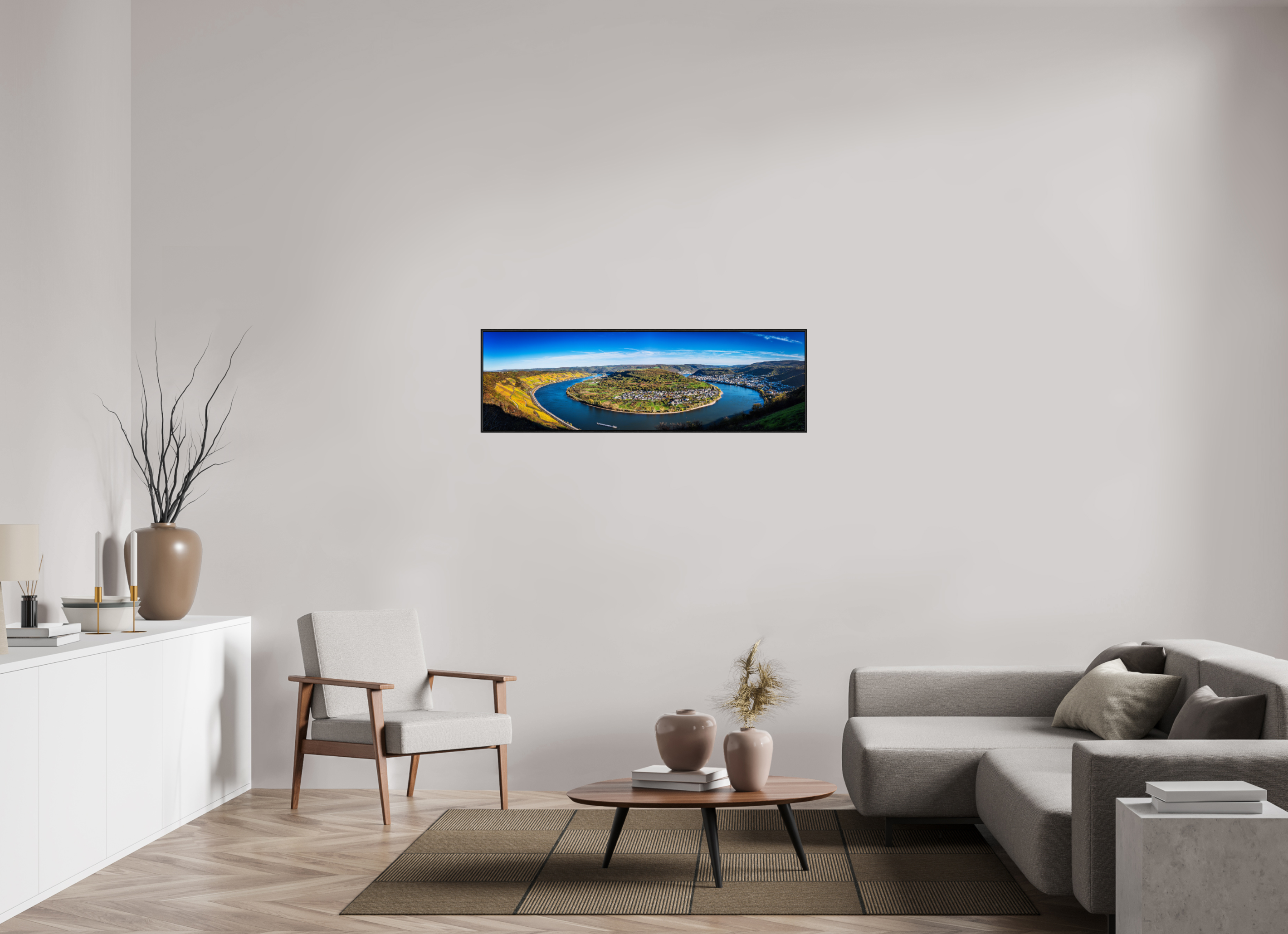 130,7 x 40 cm, Foto im schwarzen Schattenfugen-Rahmen hinter Acryglas, 2 mm, glänzend Rheinschleife