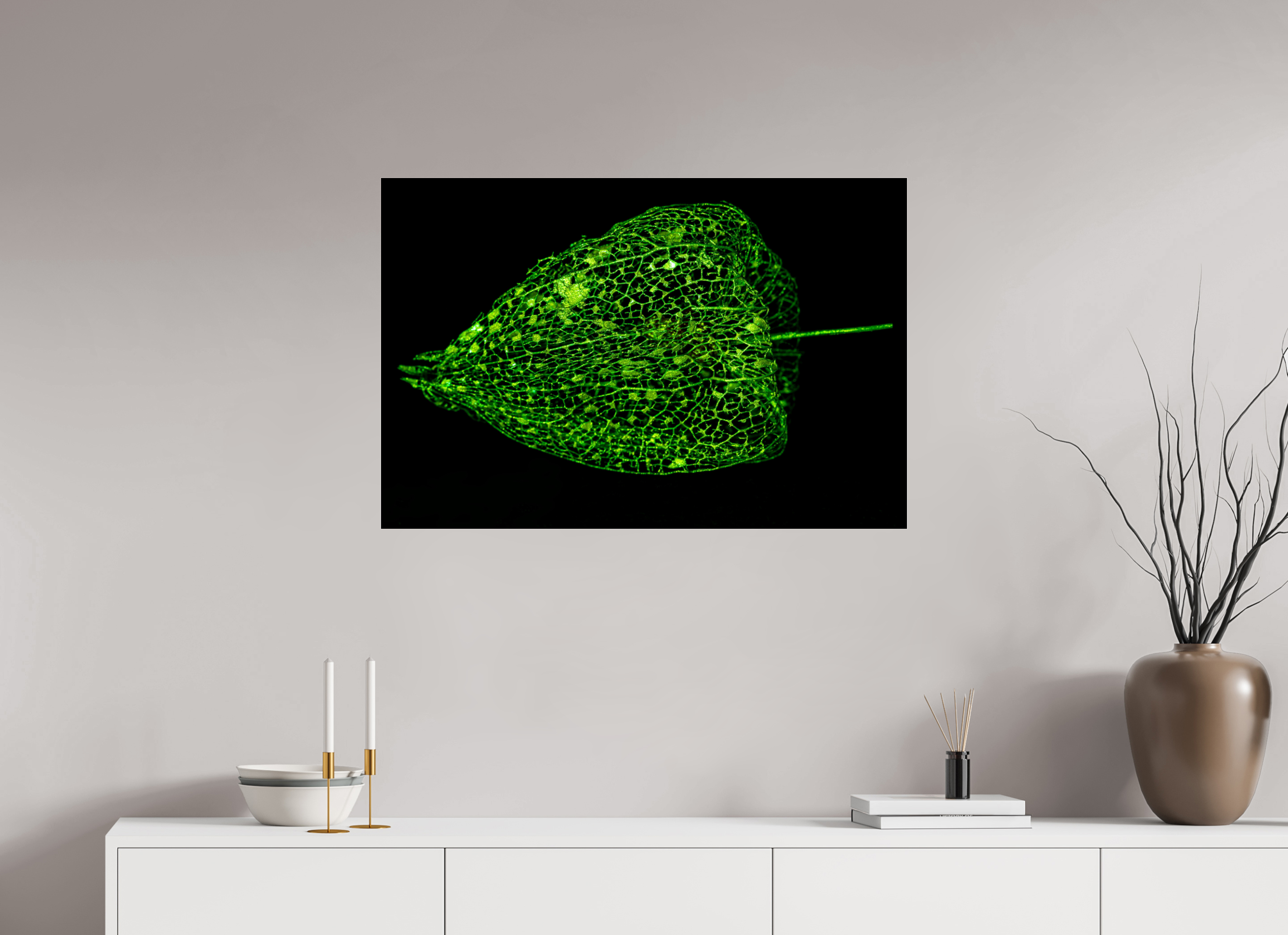 90 x 60 cm, Acrylglas, glänzend, 2 mm, Dibond 3 mm, mit Aufhängung Grünes Farbleuchten