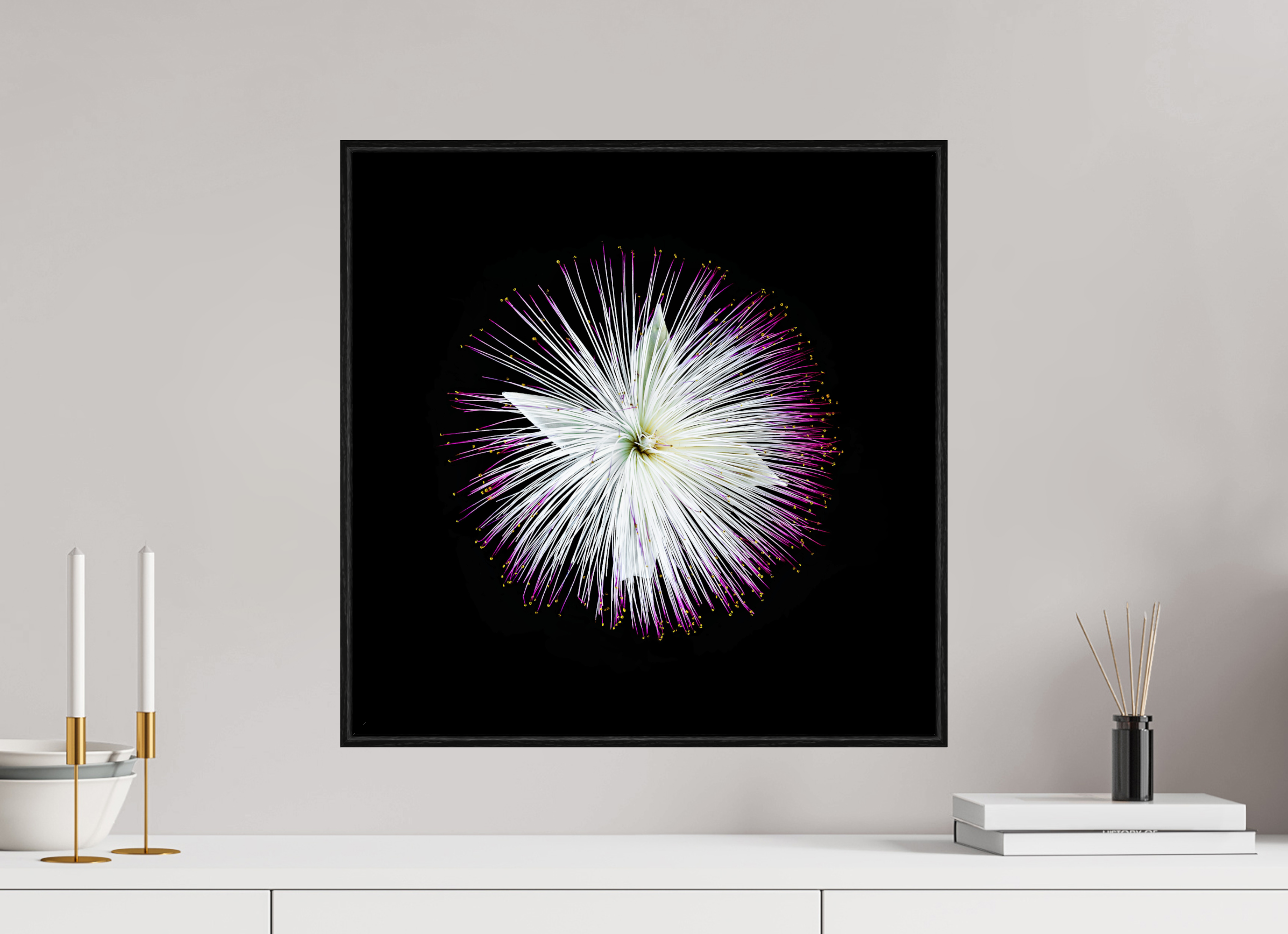 50 x 50 cm, Foto im schwarzen Schattenfugen-Rahmen hinter Acryglas, 2 mm, glänzend Firework Blossom