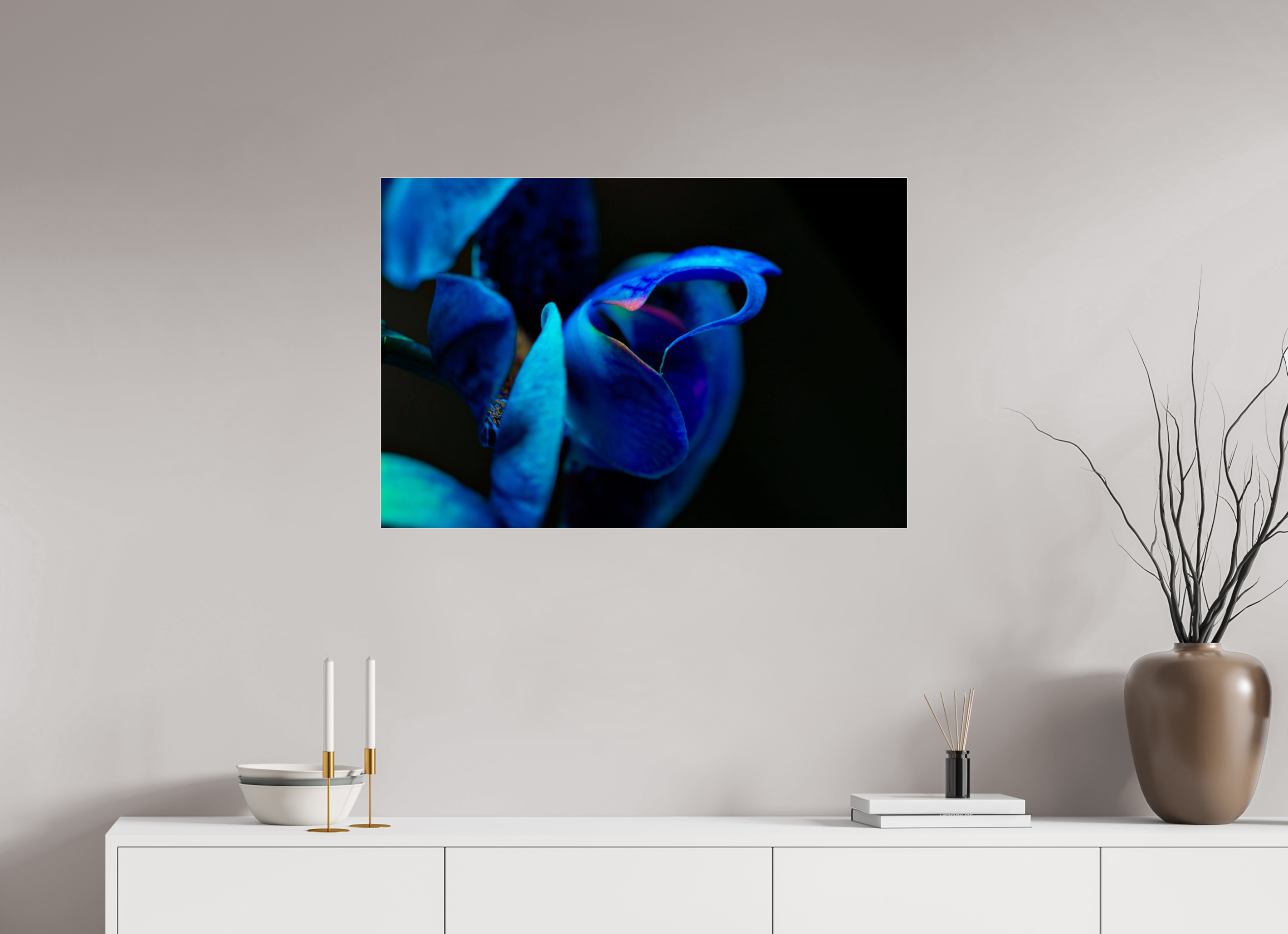 90 x 60 cm, Acrylglas, glänzend, 2 mm, Dibond 3 mm, mit Aufhängung Midnight Blue Hart Flower