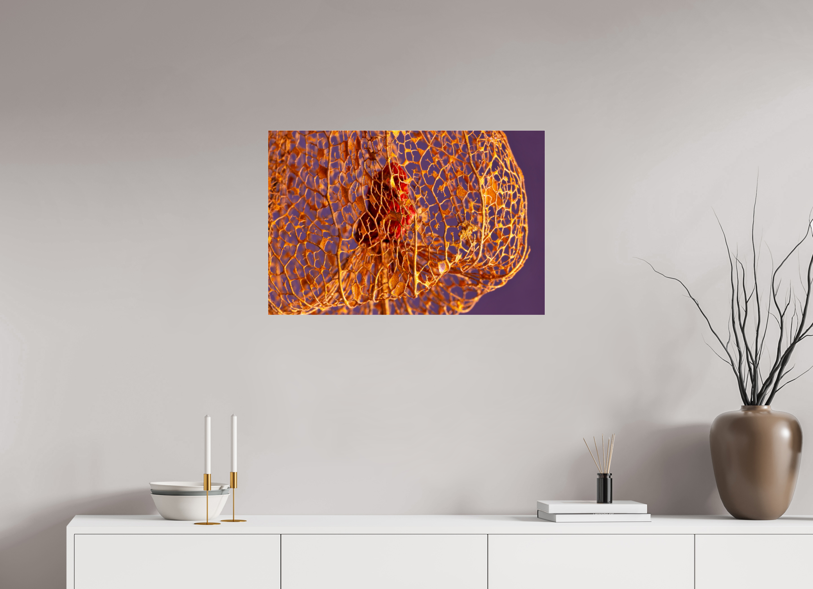 75 x 50 cm, Acrylglas, glänzend, 2 mm, Dibond 3 mm, mit Aufhängung Herz der Physalis Gold