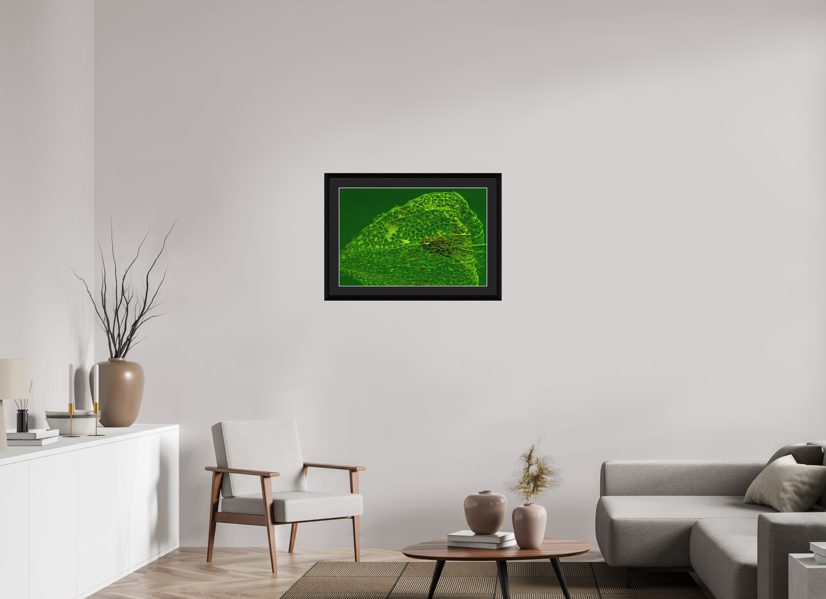 75 x 50 cm, Foto im schwarzen Eichen Rahmen, 27mm, Museumsglas, Passepartout schwarz Herz der Physalis Grün