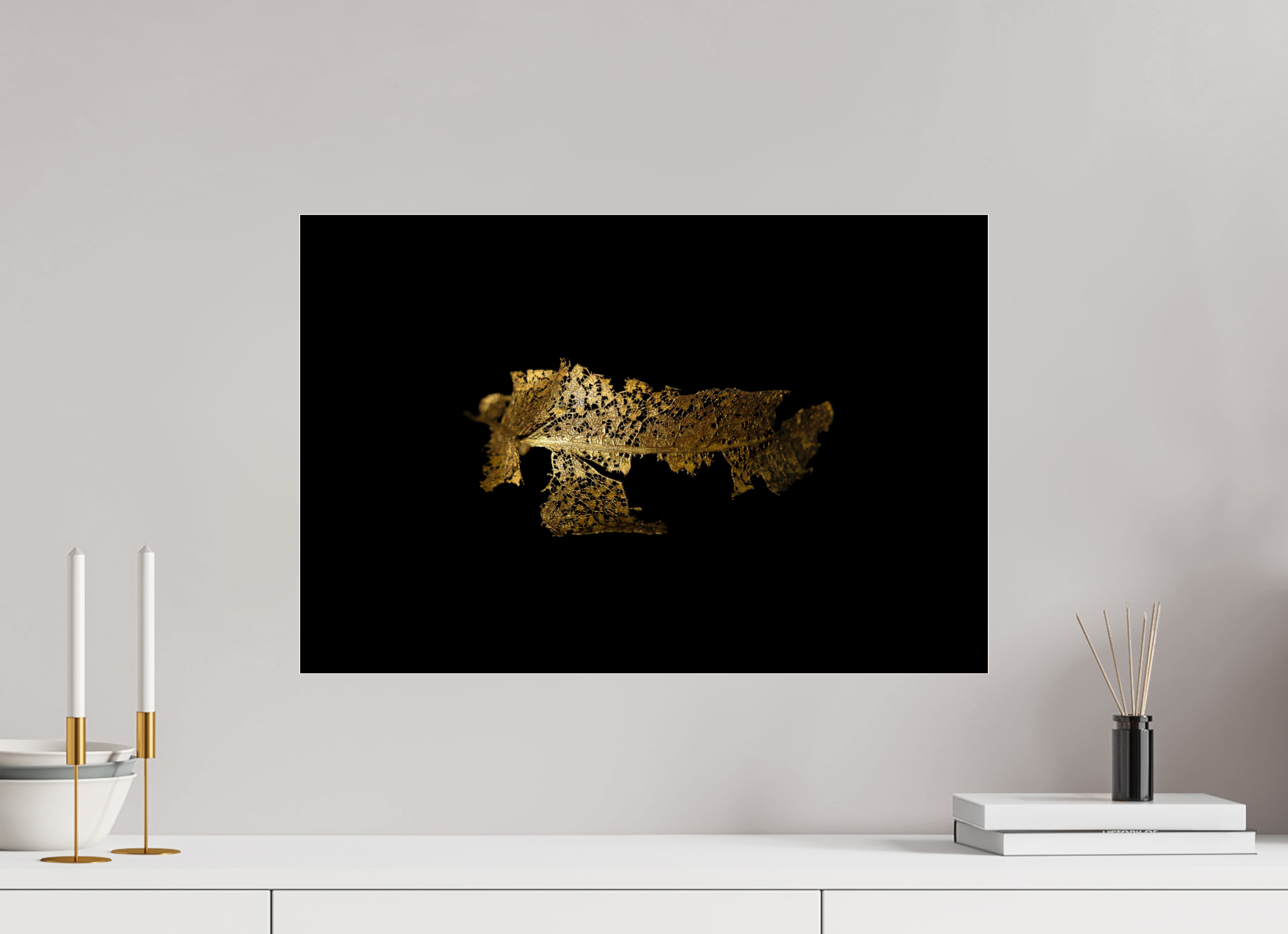 60 x 40 cm, Acrylglas, glänzend, 2 mm, Dibond 3 mm, mit Aufhängung Goldene Blattruine - Golden Grace