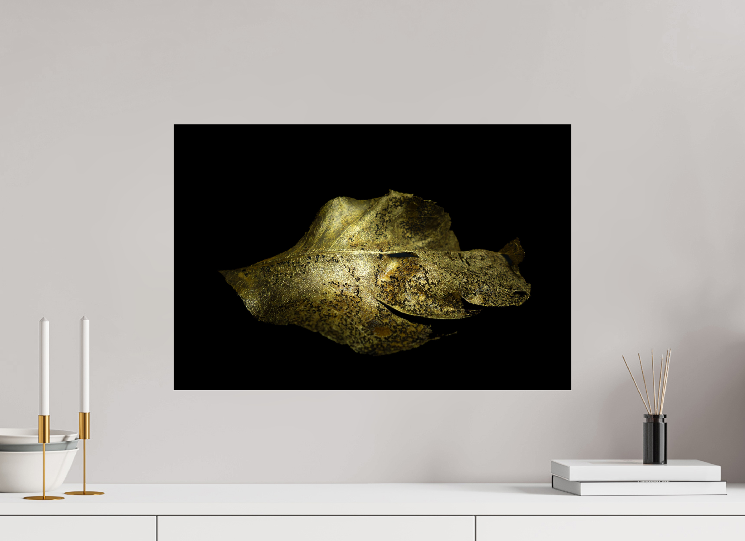 60 x 40 cm, Acrylglas, glänzend, 2 mm, Dibond 3 mm, mit Aufhängung Goldene Blattruine - Golden Light Play