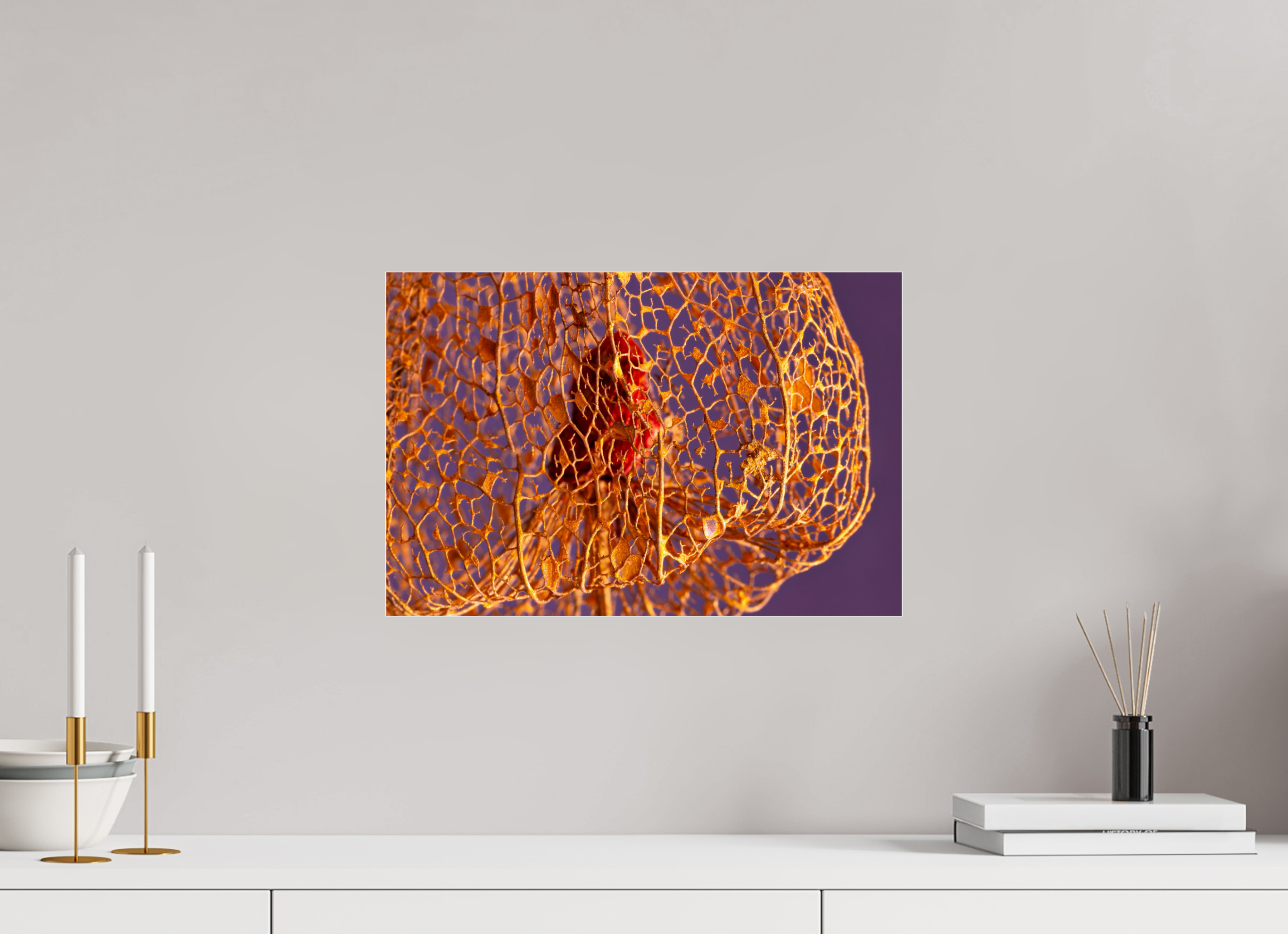45 x 30 cm, Acrylglas, glänzend, 2 mm, Dibond 3 mm, mit Aufhängung Herz der Physalis Gold